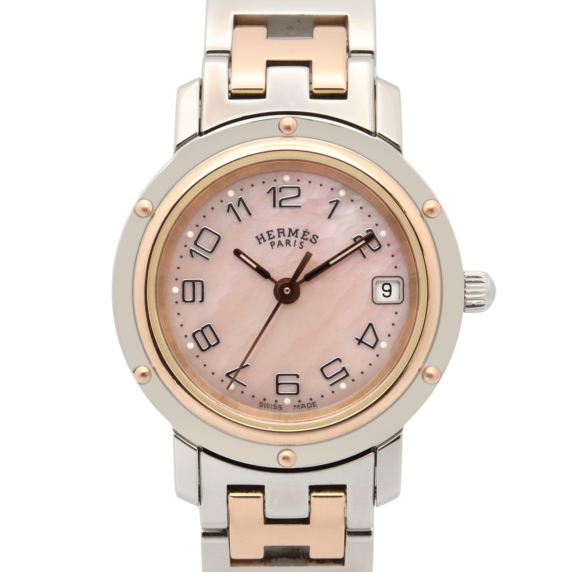 Hermes Clipper Nacre Watch, Stainless Steel with Pink Gold Plating (PGP), Ladies\', Tones, Shell, CL4.221