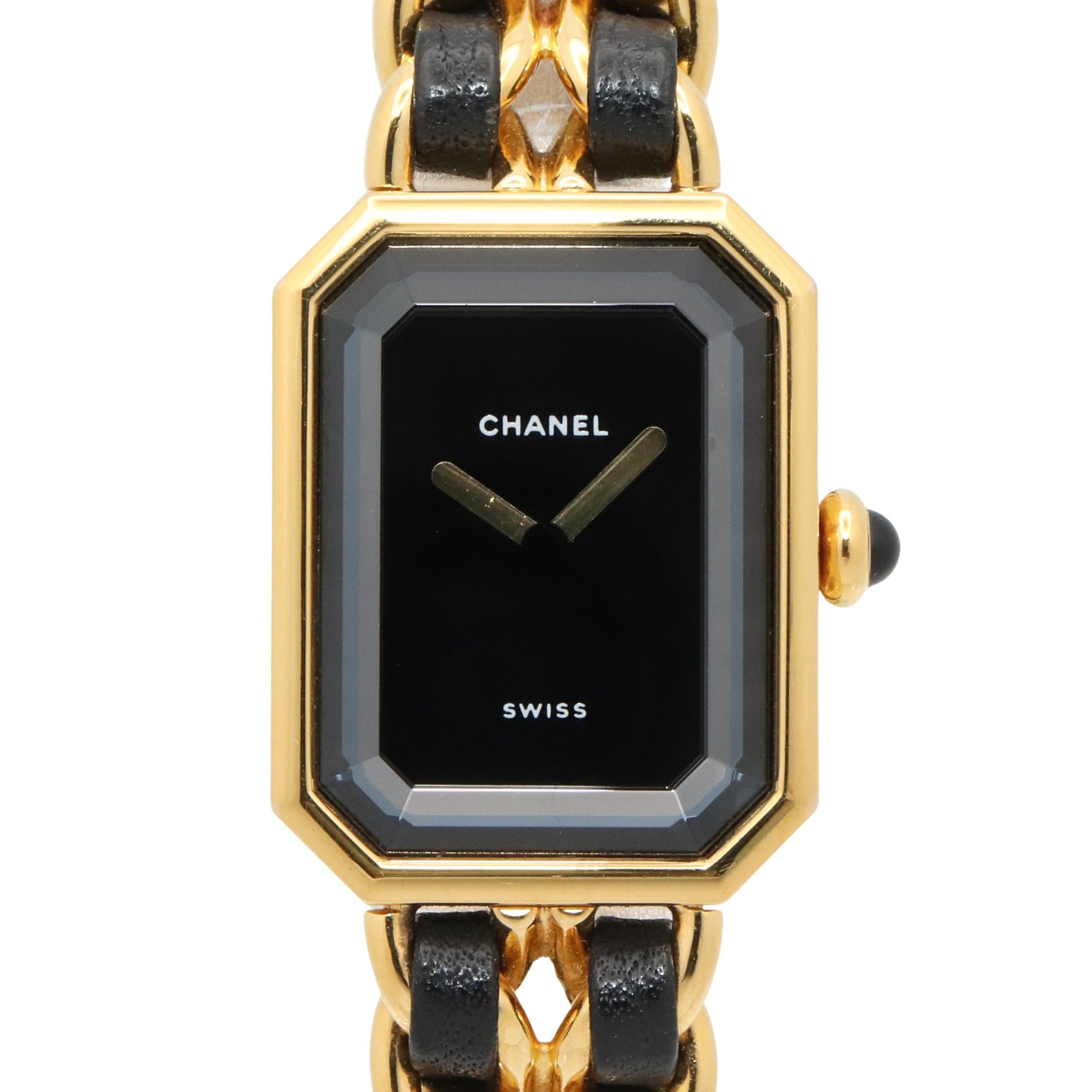 Chanel CHANEL Première L Watch, Gold Plated (GP), Leather Strap, Women\'s, Black, H0001