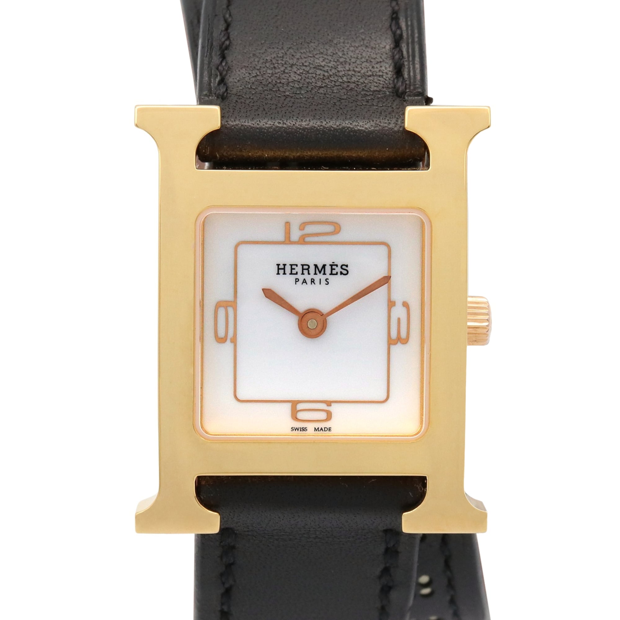 Hermes H-Watch Double Tour Wristwatch, Gold Plated (GP), Leather Strap, Women\'s, White (HH1.202)