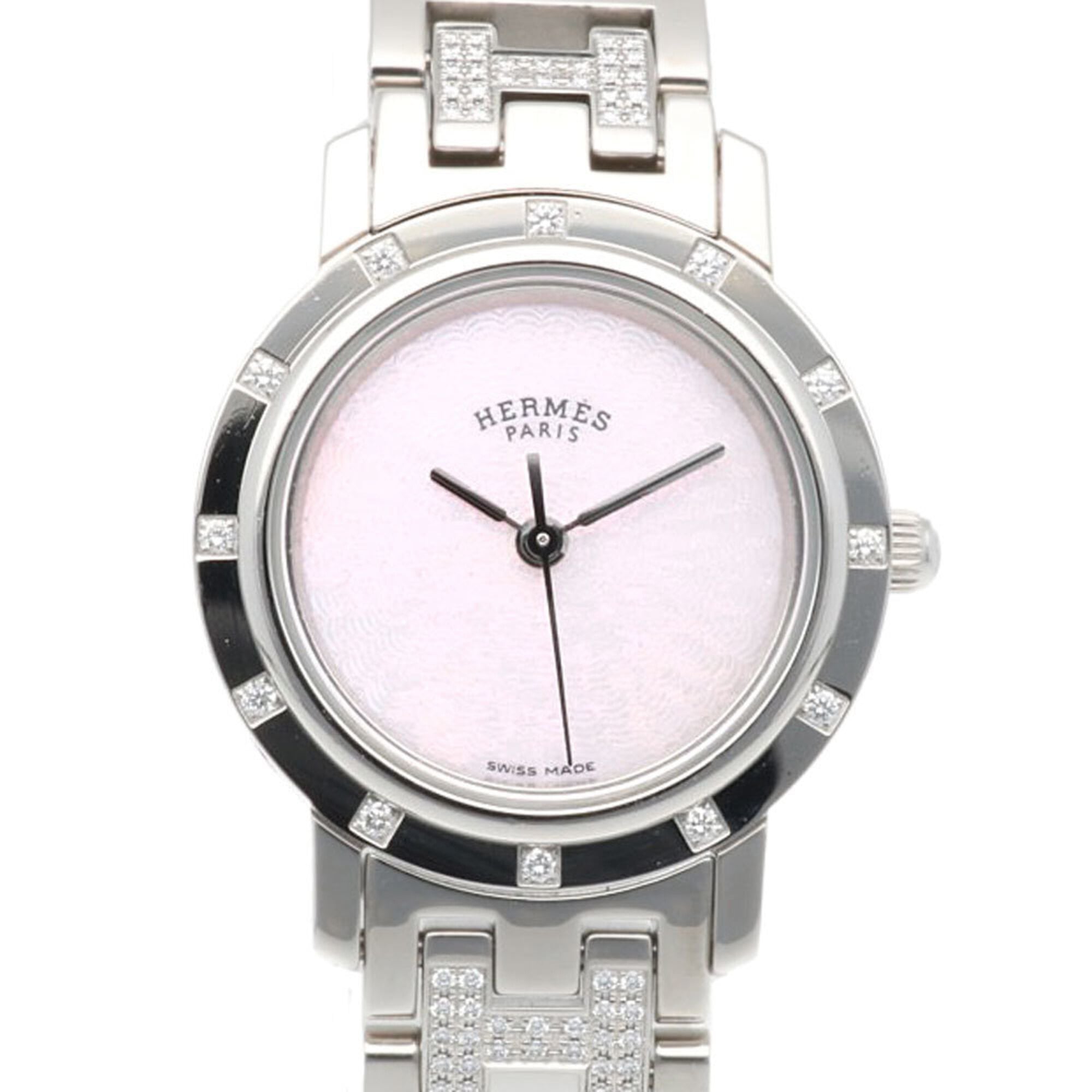 Hermes Clipper Nacre Wristwatch, Stainless Steel CL4.230 Quartz, Polished, Ladies\', HERMES Pink Shell Diamond.