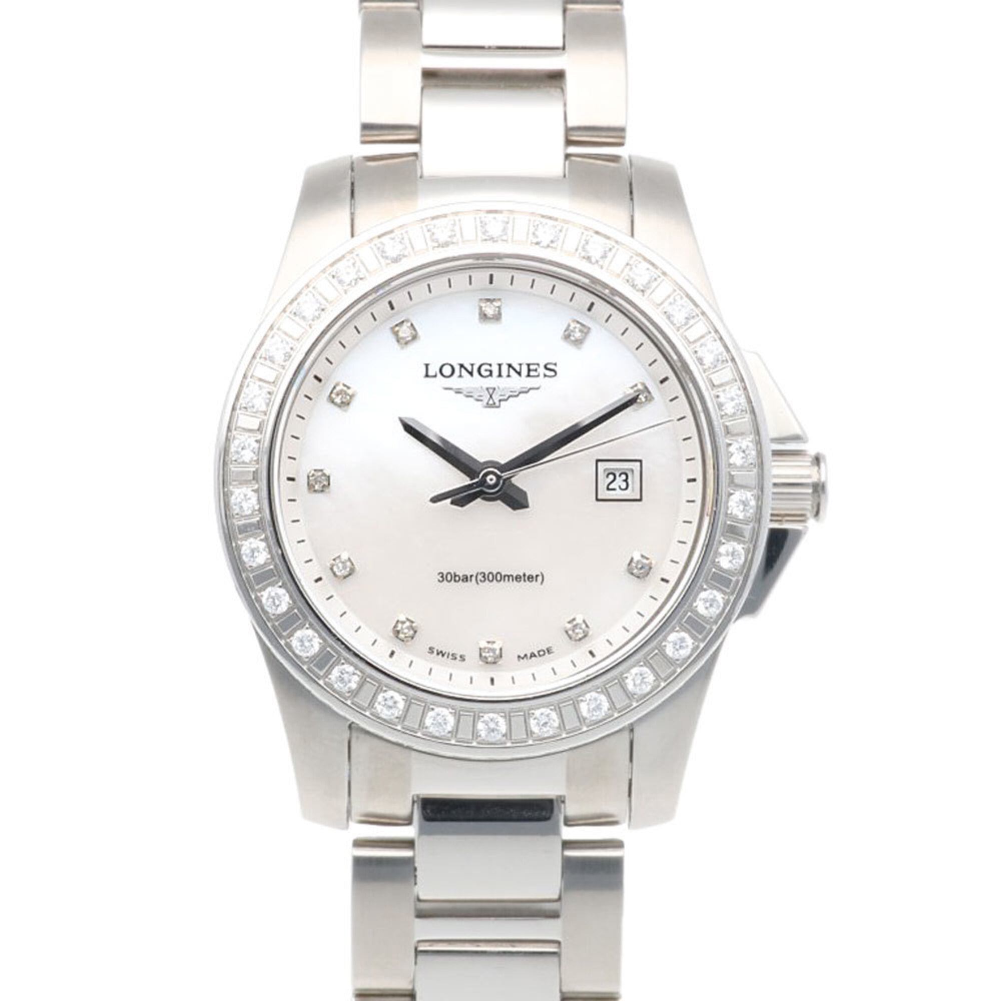 Longines Conquest watch, stainless steel, quartz, ladies\', L3.258.0, LONGINES, slightly flawed, non-waterproof, white mother-of-pearl, 11 diamonds, diamond bezel.
