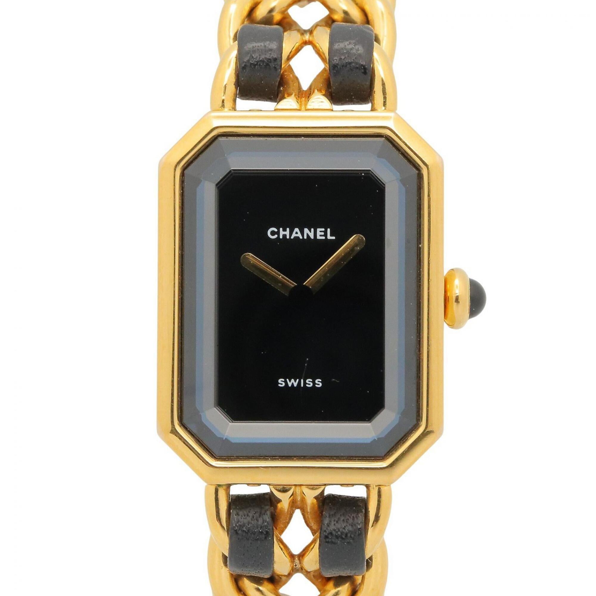 Chanel CHANEL Première M Wristwatch, Gold Plated (GP), Leather Strap, Women\'s, Black, H0001