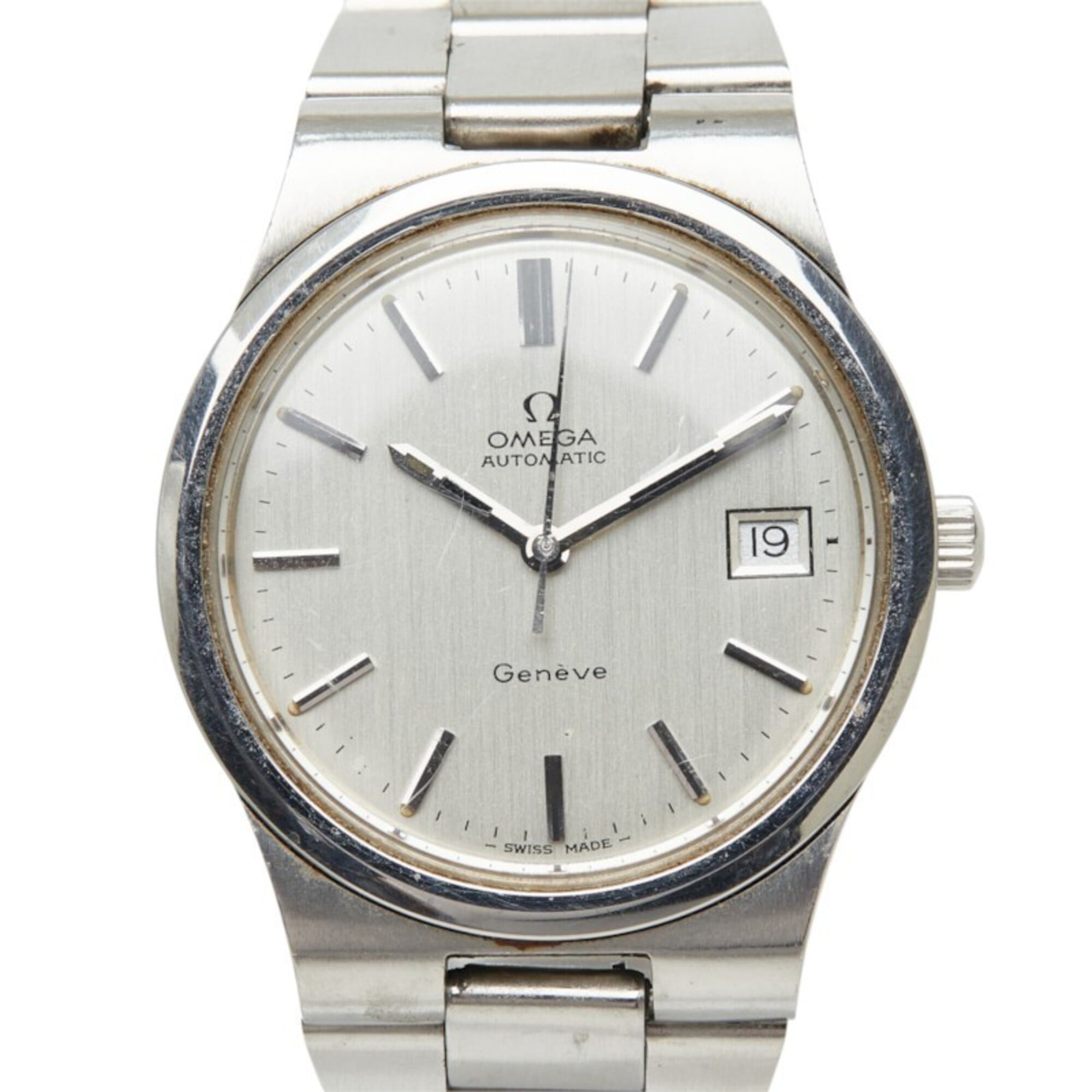 Omega Geneve watch, Swiss-made quartz, silver dial, stainless steel, men\'s watch.