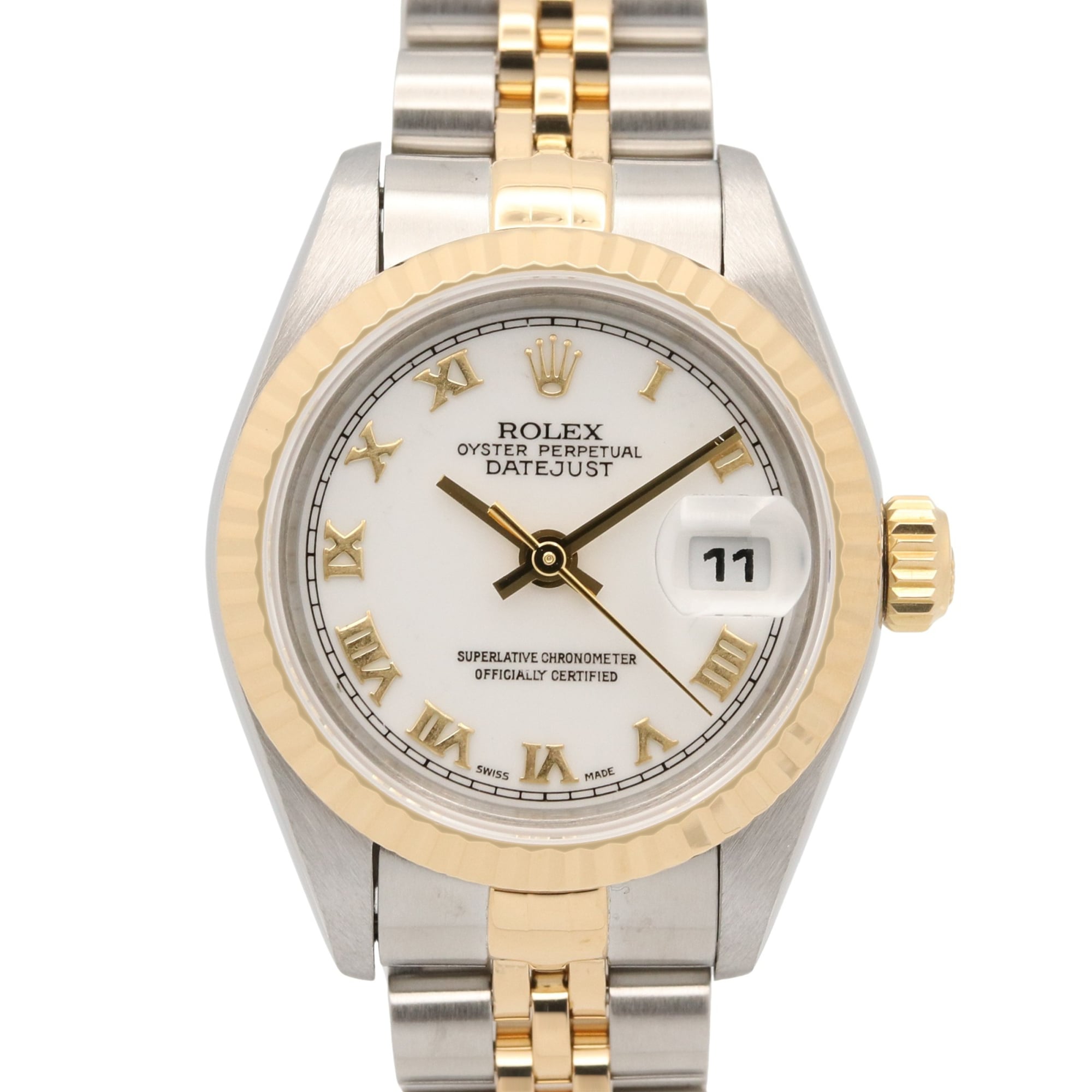 Rolex Datejust S-series watch, 18K (yellow gold), stainless steel, ladies\', white dial, Roman numerals, 69173