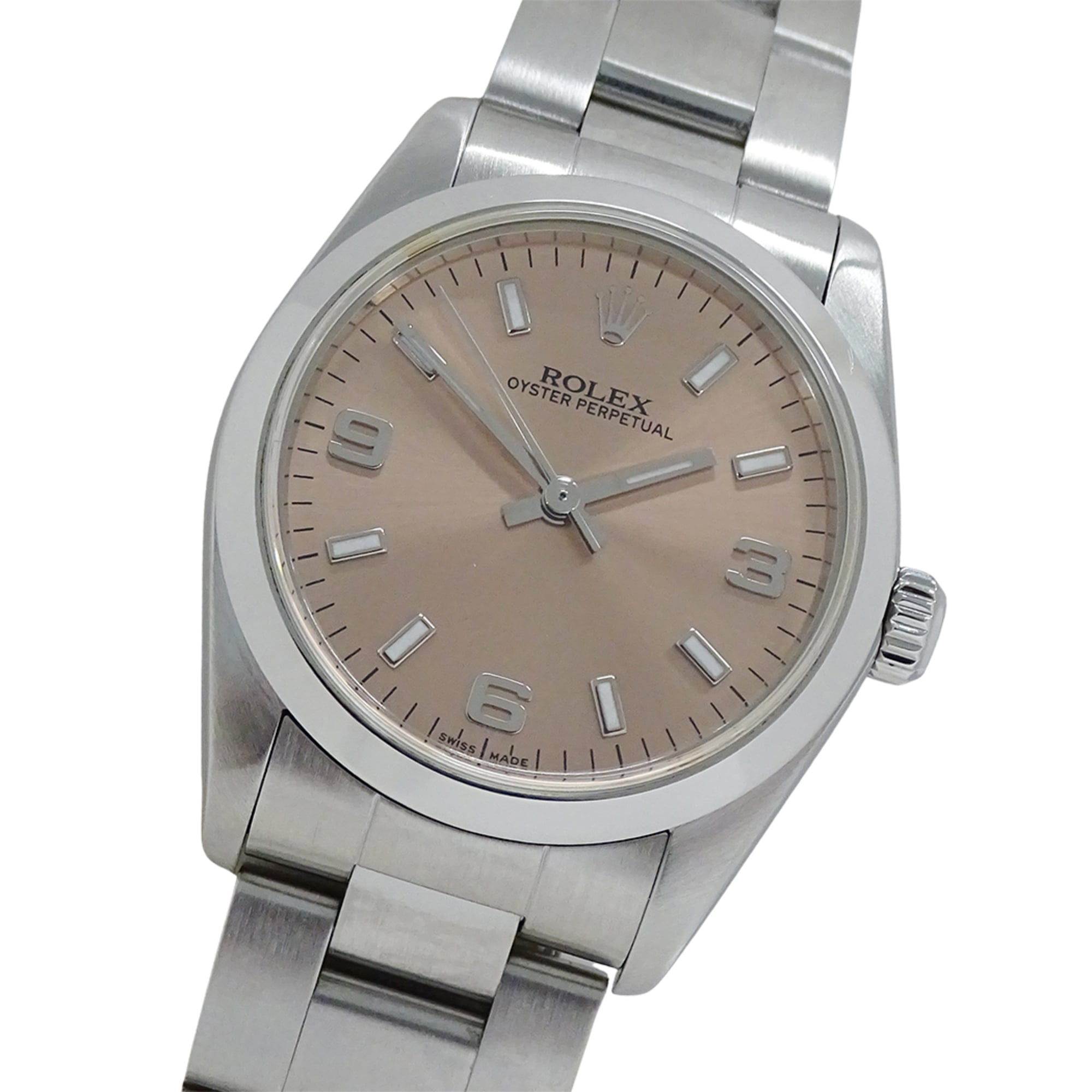 Rolex Oyster Perpetual 77080 F-serial watch, boys\' size, brand name, automatic winding, stainless steel (SS), silver, pink.