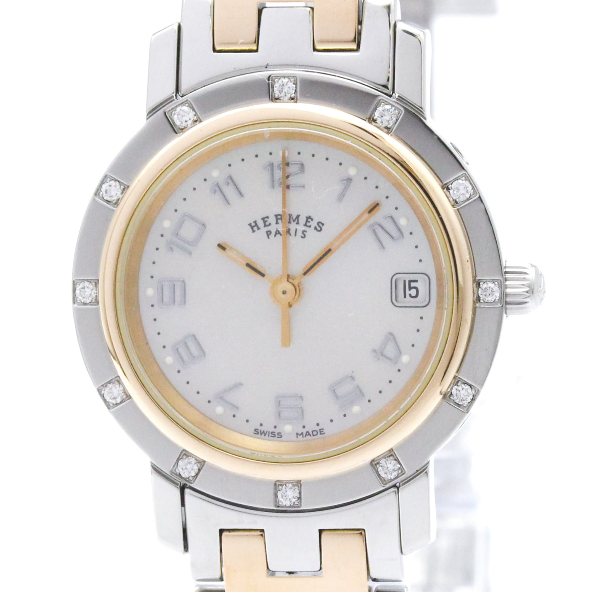 HERMES Clipper Diamond Pink MOP Dial Quartz Watch CL4.222 Polished