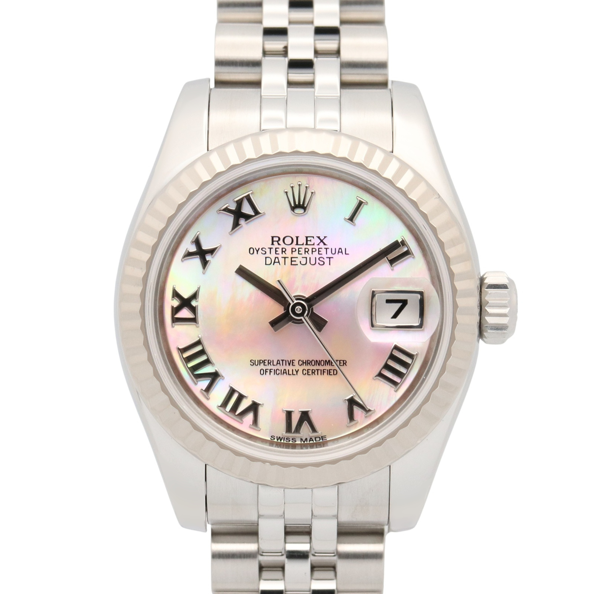 Rolex Datejust Random Serial Number Watch, 18K White Gold (18KWG) Stainless Steel, Ladies\', Pink Tone, Mother-of-Pearl, Roman Numerals, Jubilee, 179174NR