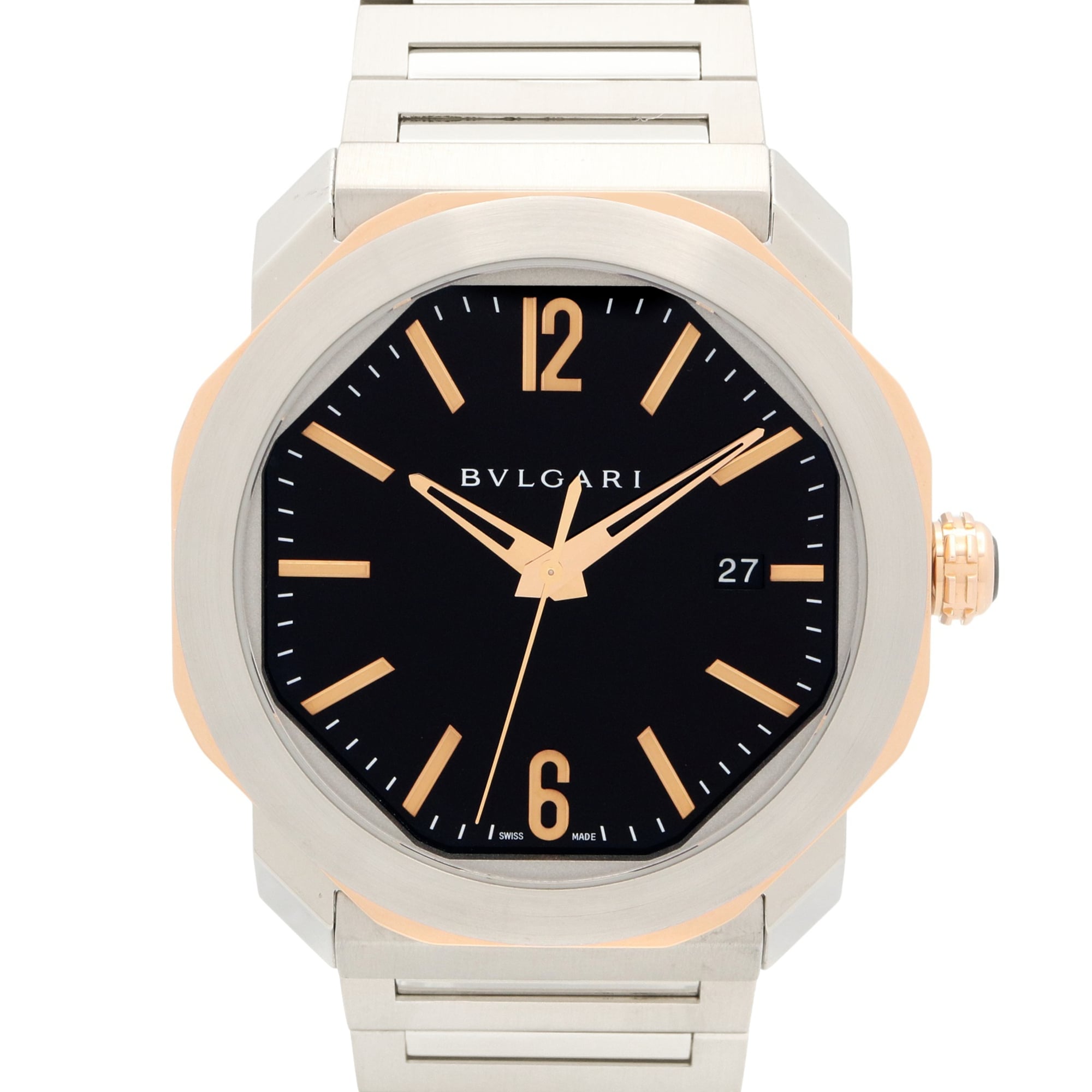 Bulgari BVLGARI Octo Watch, 18KPG (Pink Gold), Stainless Steel, Men\'s, Black, OCP41SG