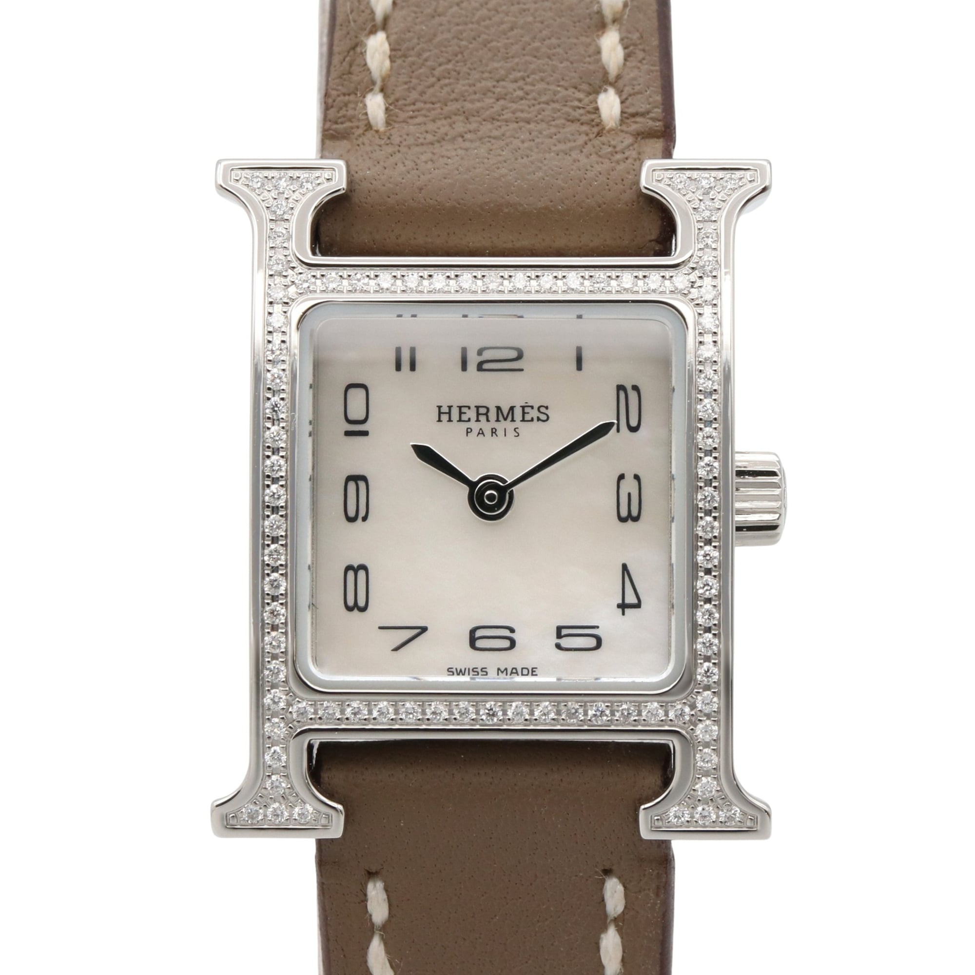 Hermes H-Watch Mini Diamond Bezel Wristwatch, Stainless Steel, Leather Strap, Diamond, Ladies, White/White Shell, HH1.131