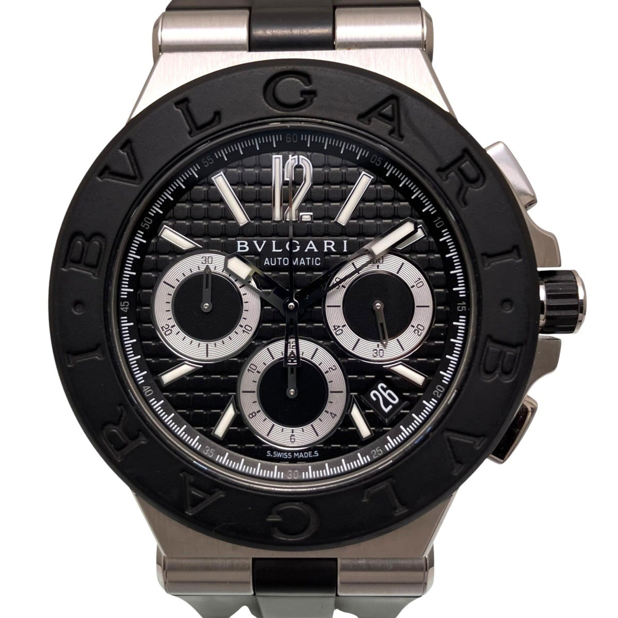 Bulgari BVLGARI Diagono watch, total weight 128.6g, stainless steel, rubber strap, automatic movement, black dial, DG42SVCH