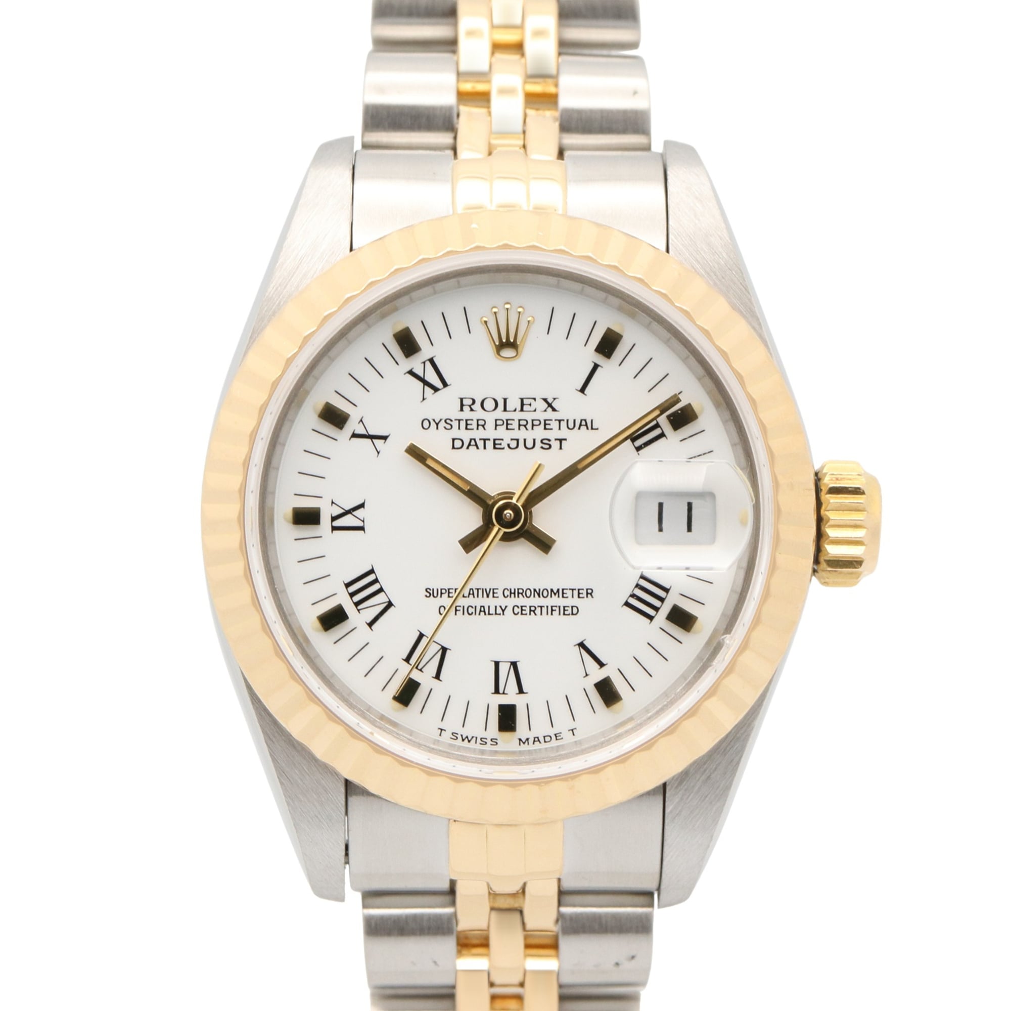 Rolex Datejust S-series watch, 18K (yellow gold), stainless steel, ladies\', white dial, Roman numerals, 69173