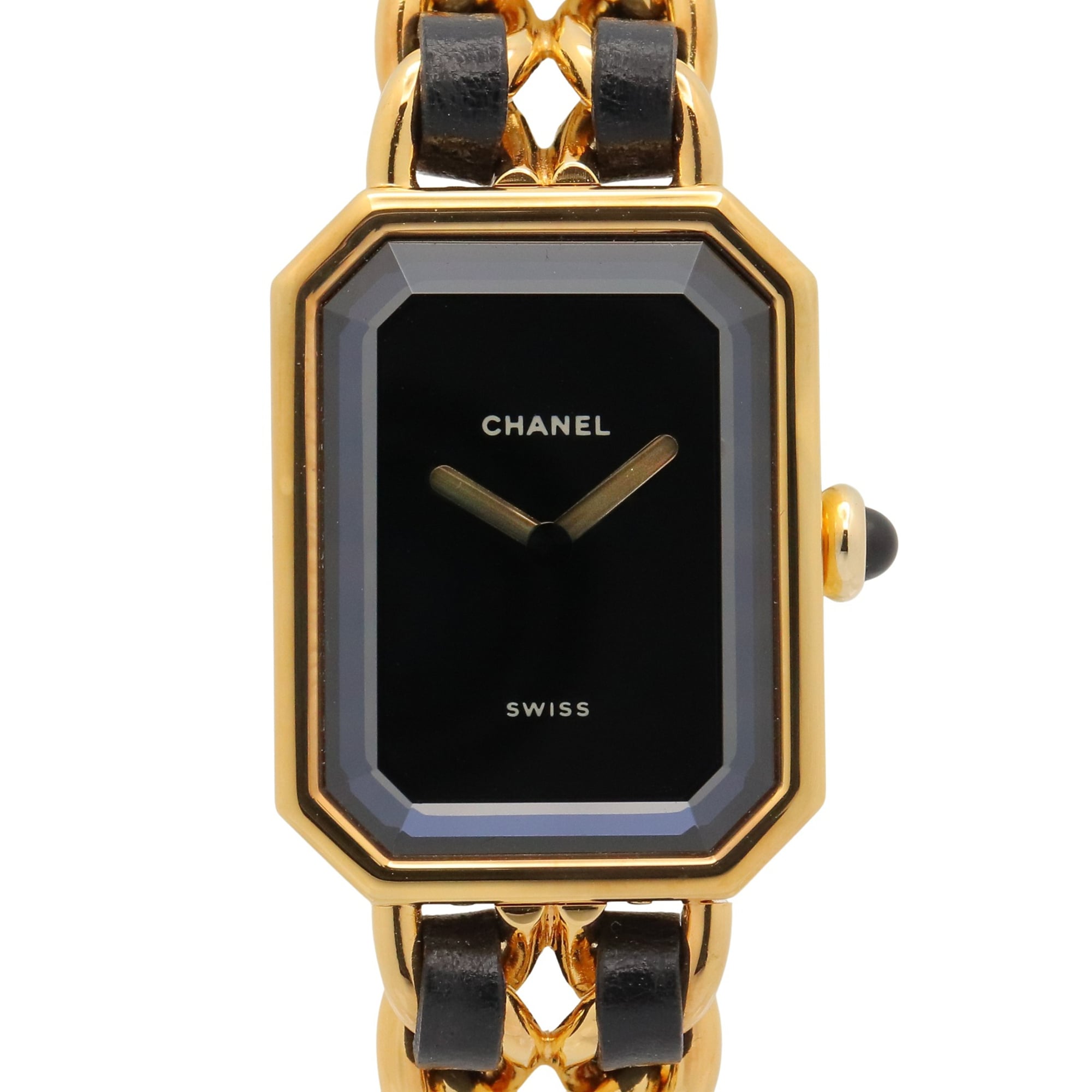 Chanel CHANEL Première M Wristwatch, Gold Plated (GP), Leather Strap, Women\'s, Black, H0001