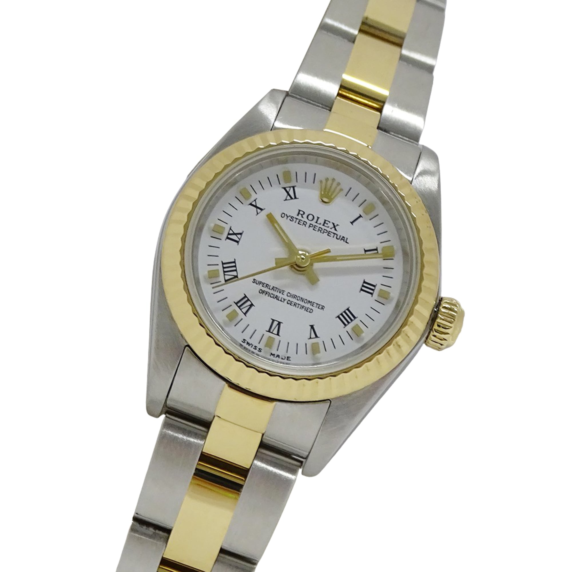 Rolex Oyster Perpetual 76193 K-serial women\'s watch, brand name, automatic winding, stainless steel (SS), gold (YG), and white combination.