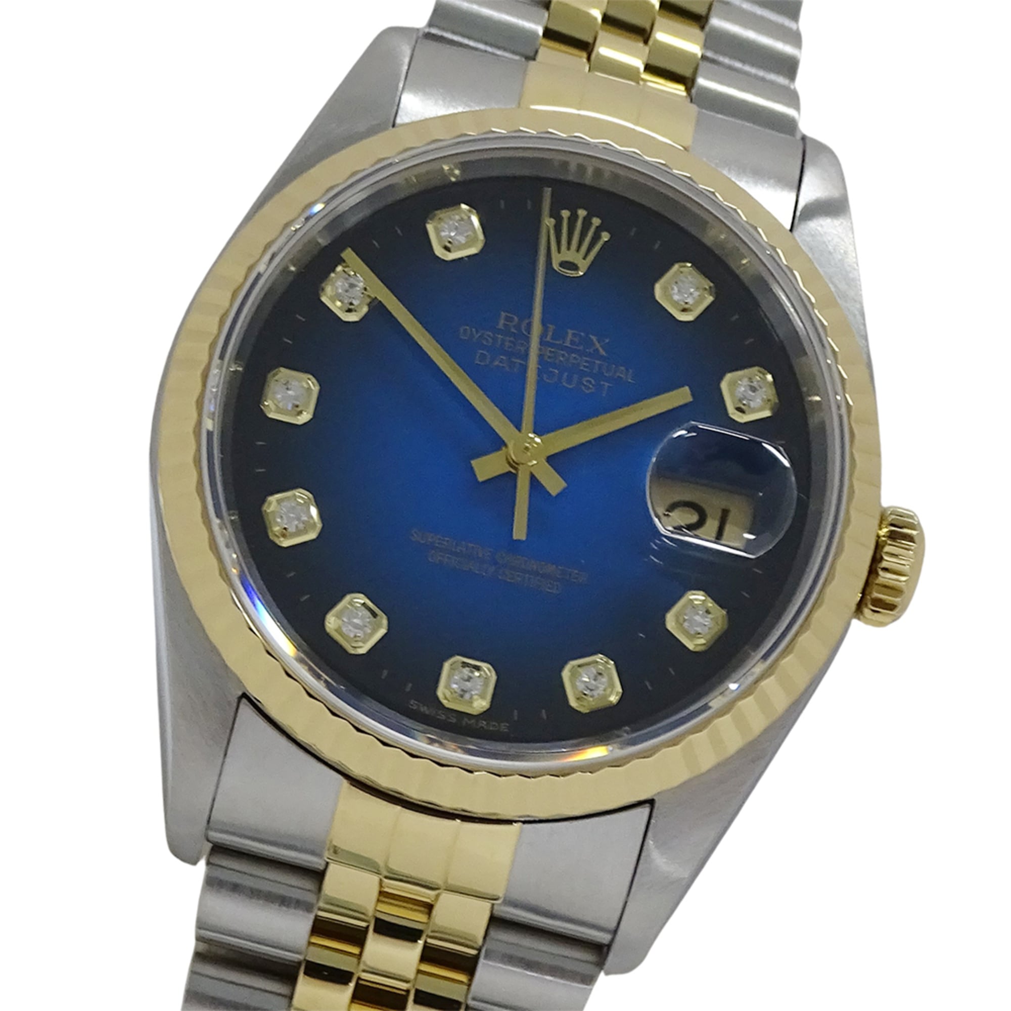 Rolex Datejust 16233G W-serial Men\'s Watch, Brand Name, 10P Diamonds, Blue Gradient, Automatic Movement, Stainless Steel (SS) and Gold (YG) Combination.