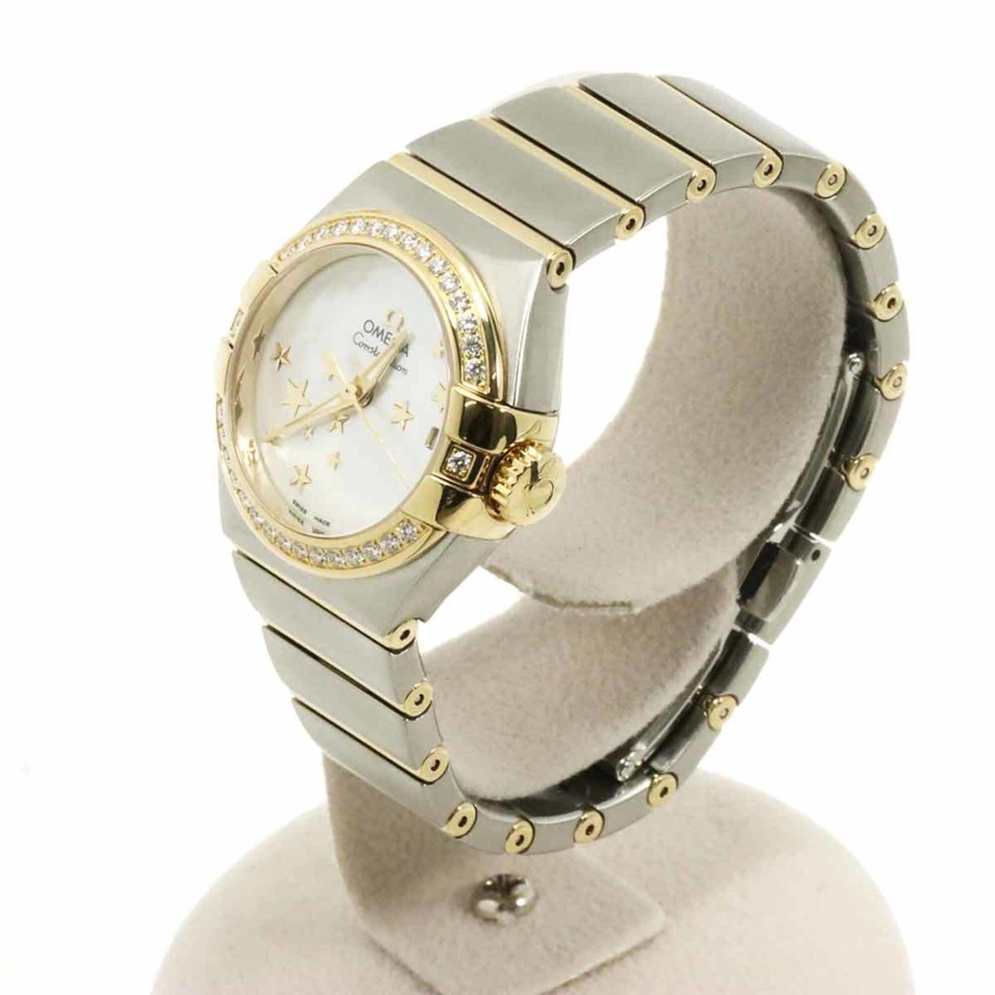 Omega Constellation Co-Axial Combination 123 25 27 20 05 001 Ladies\' Watch, Diamond Bezel, Date Display, White Mother-of-Pearl, 18K Yellow Gold, Automatic Movement.