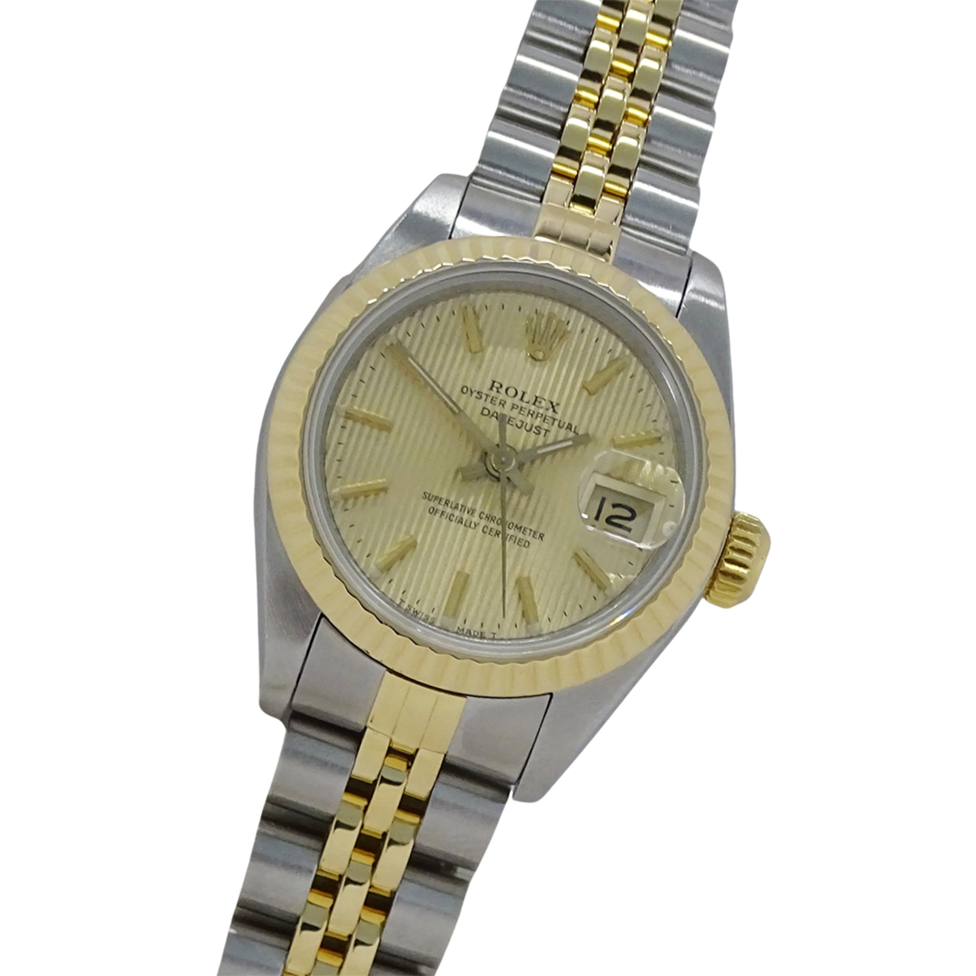 Rolex Datejust 69173 (R-serial number) Ladies\' Watch, Champagne Tapestry, Automatic Movement, Stainless Steel (SS) and Gold (YG) Combination.