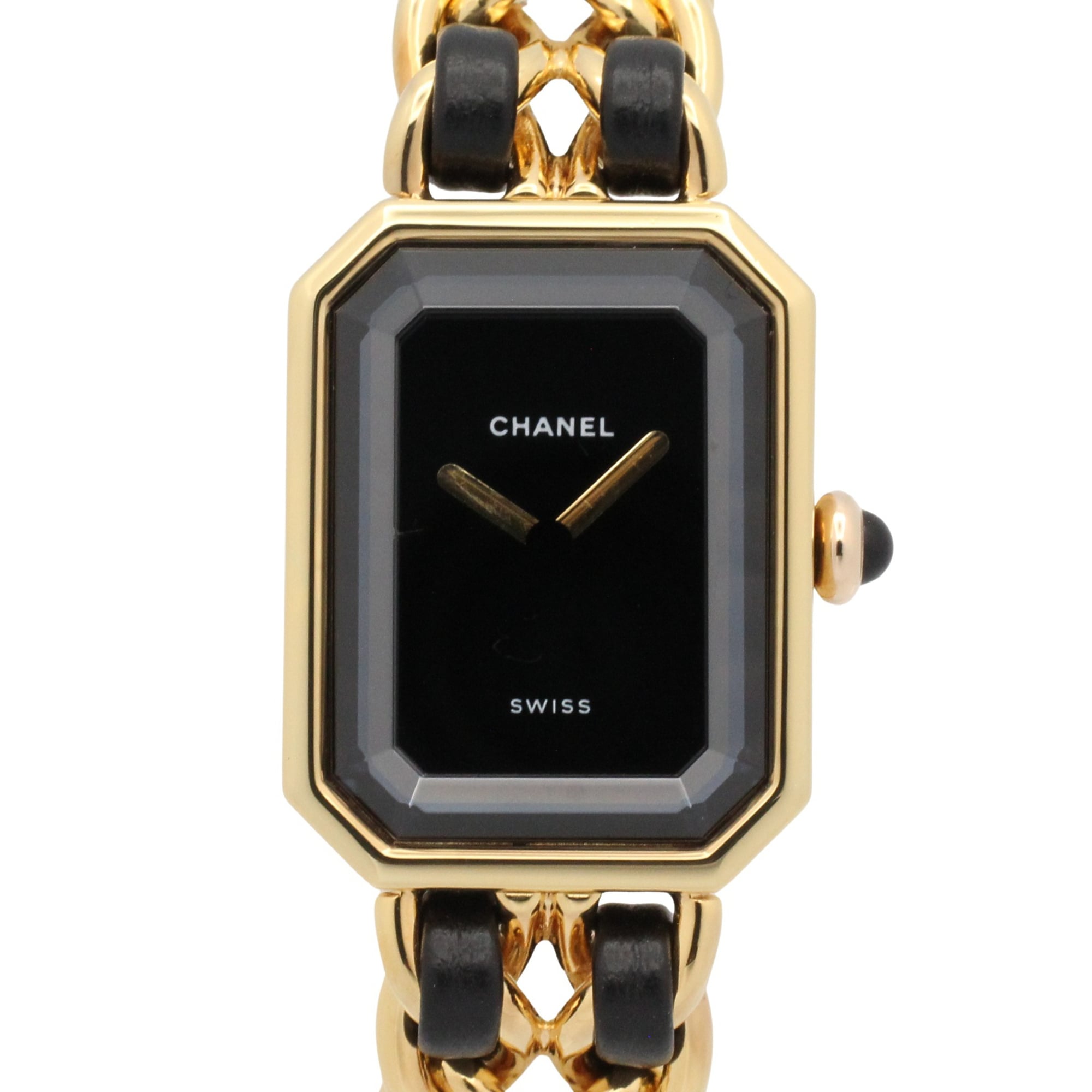 Chanel CHANEL Première M Wristwatch, Gold Plated (GP), Leather Strap, Women\'s, Black, H0001