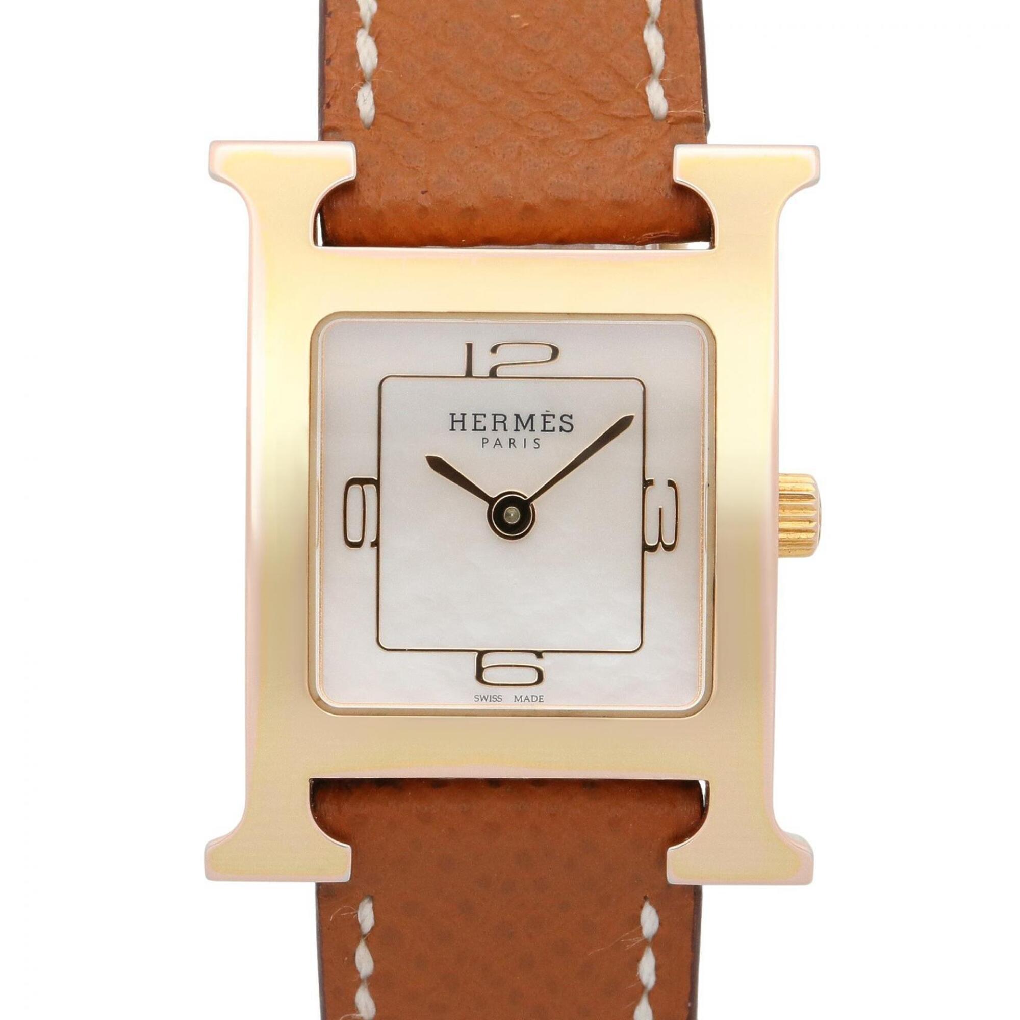 Hermes H-Watch White Shell Wristwatch, Gold Plated Leather Strap, Women\'s, (HH1.202c)