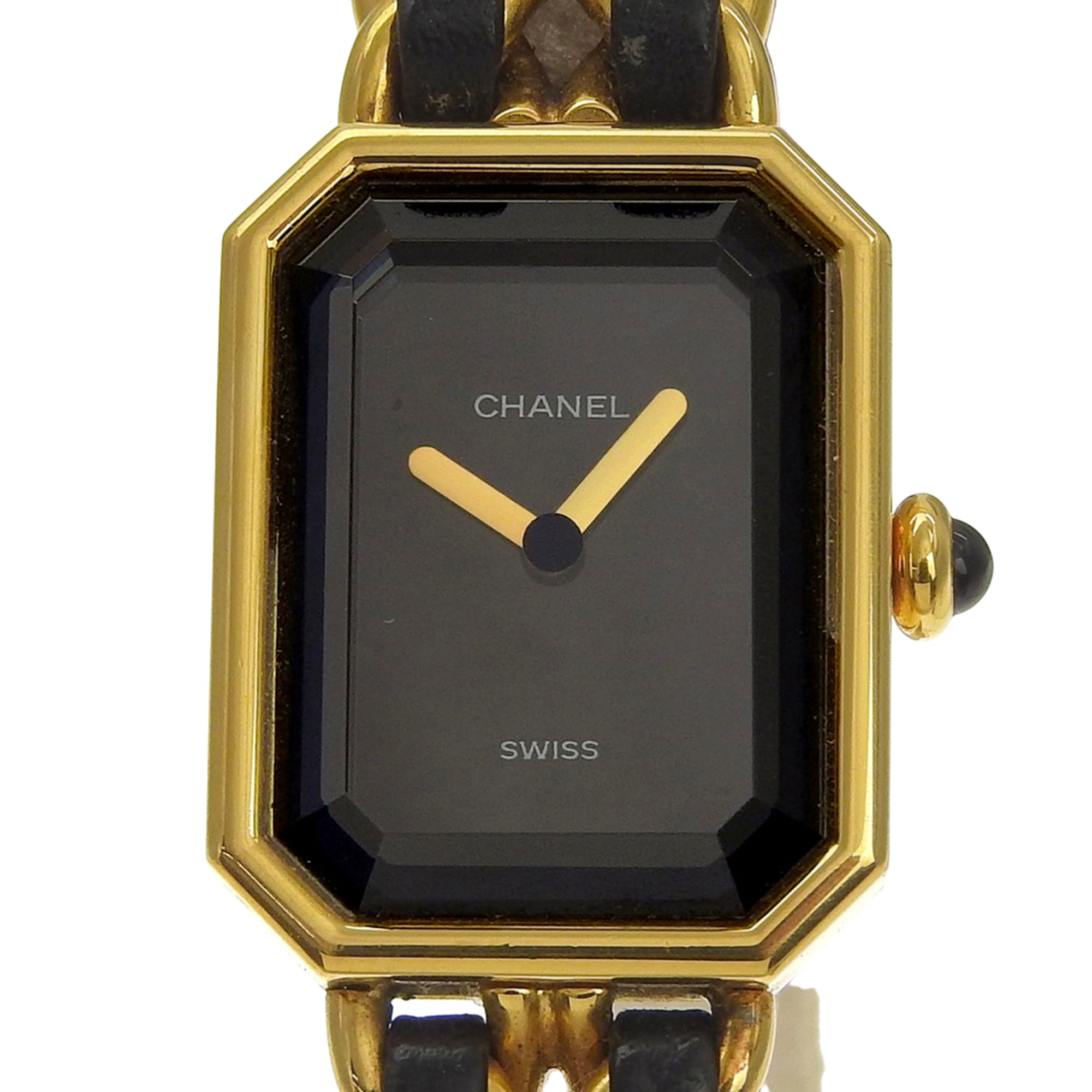 Chanel Premiere S Watch H0001 Gold Plated x Leather Black Quartz Analog Dial Ladies