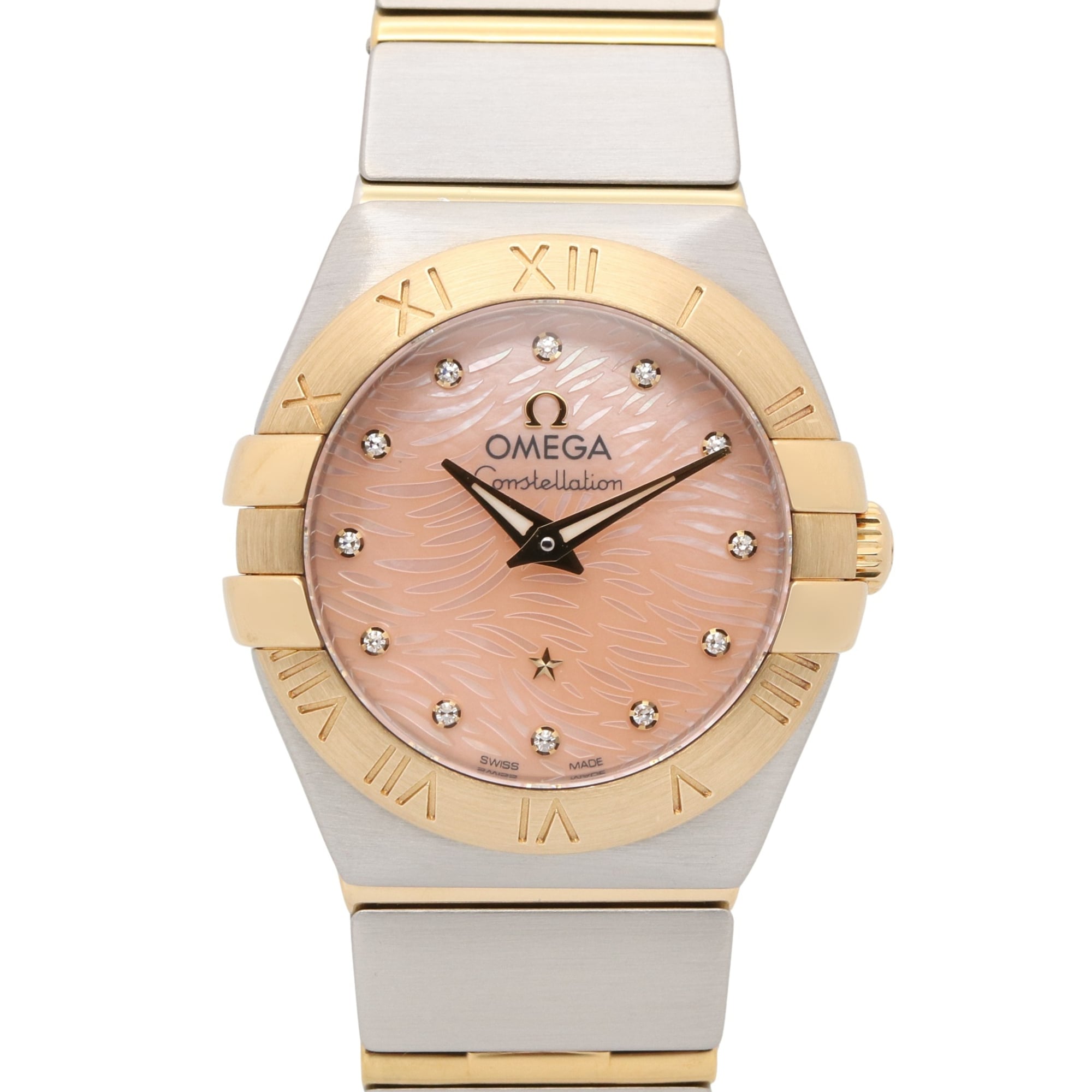 Omega Constellation 12-Diamond Watch, 18K Yellow Gold Stainless Steel, Diamond, Ladies\', Pink Tone, Mother-of-Pearl, 123.20.24.60.57.004