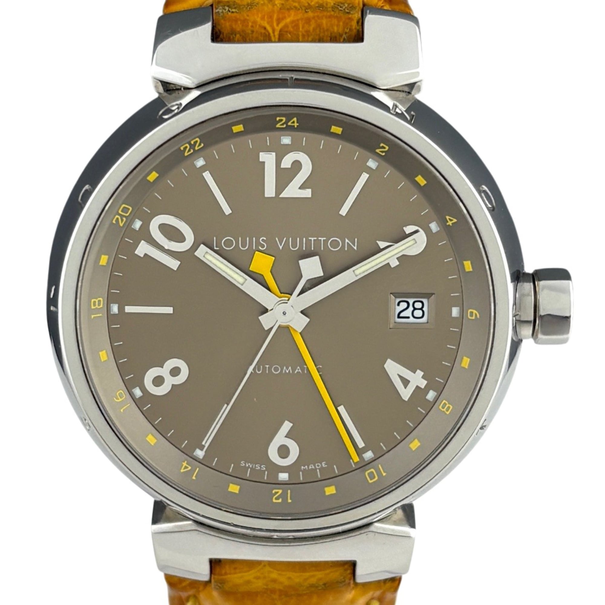 Louis Vuitton Tambour GMT Q1132 Watch, Stainless Steel, Leather Strap, Automatic, Brown, Men\'s