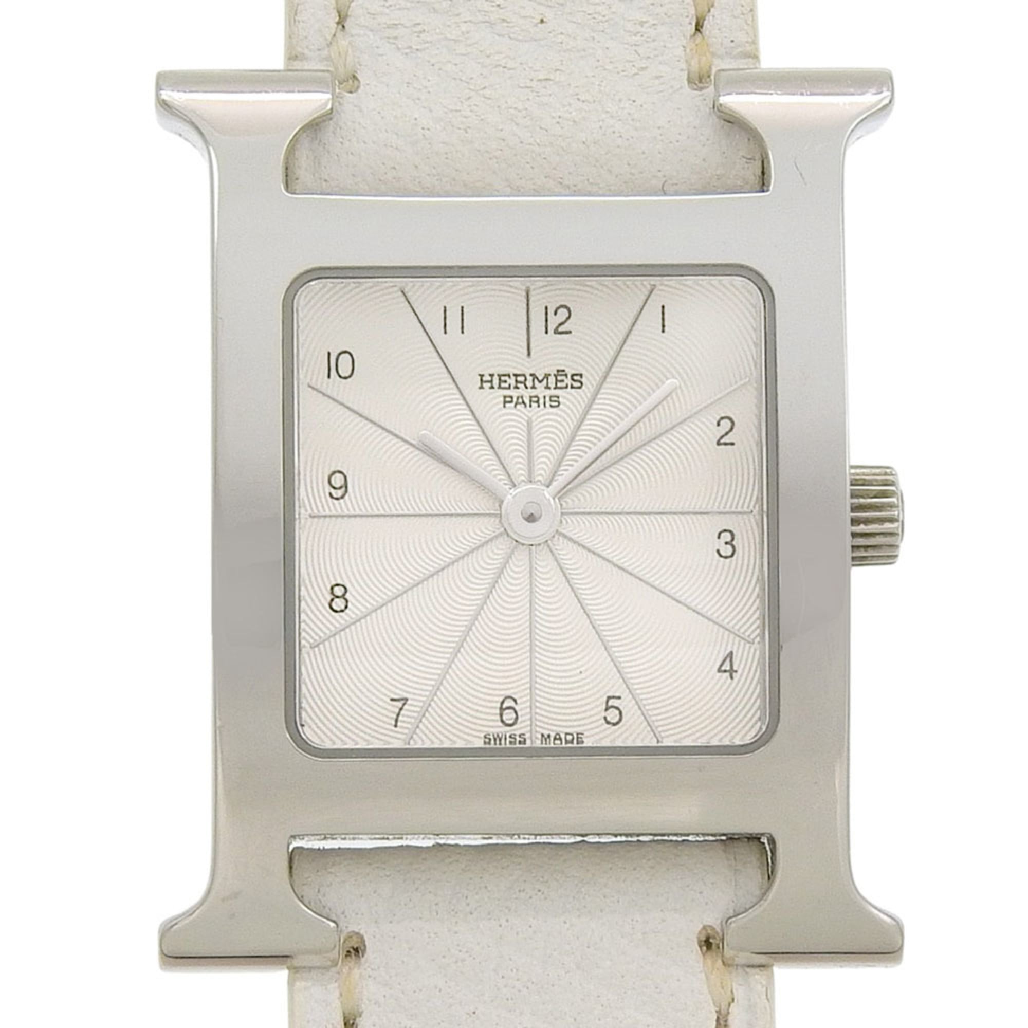 Hermès H Watch Double Tour HH1.210, stainless steel and smooth leather, made in France, 2012, silver P quartz movement, analog display, white dial, Heure watch for women.