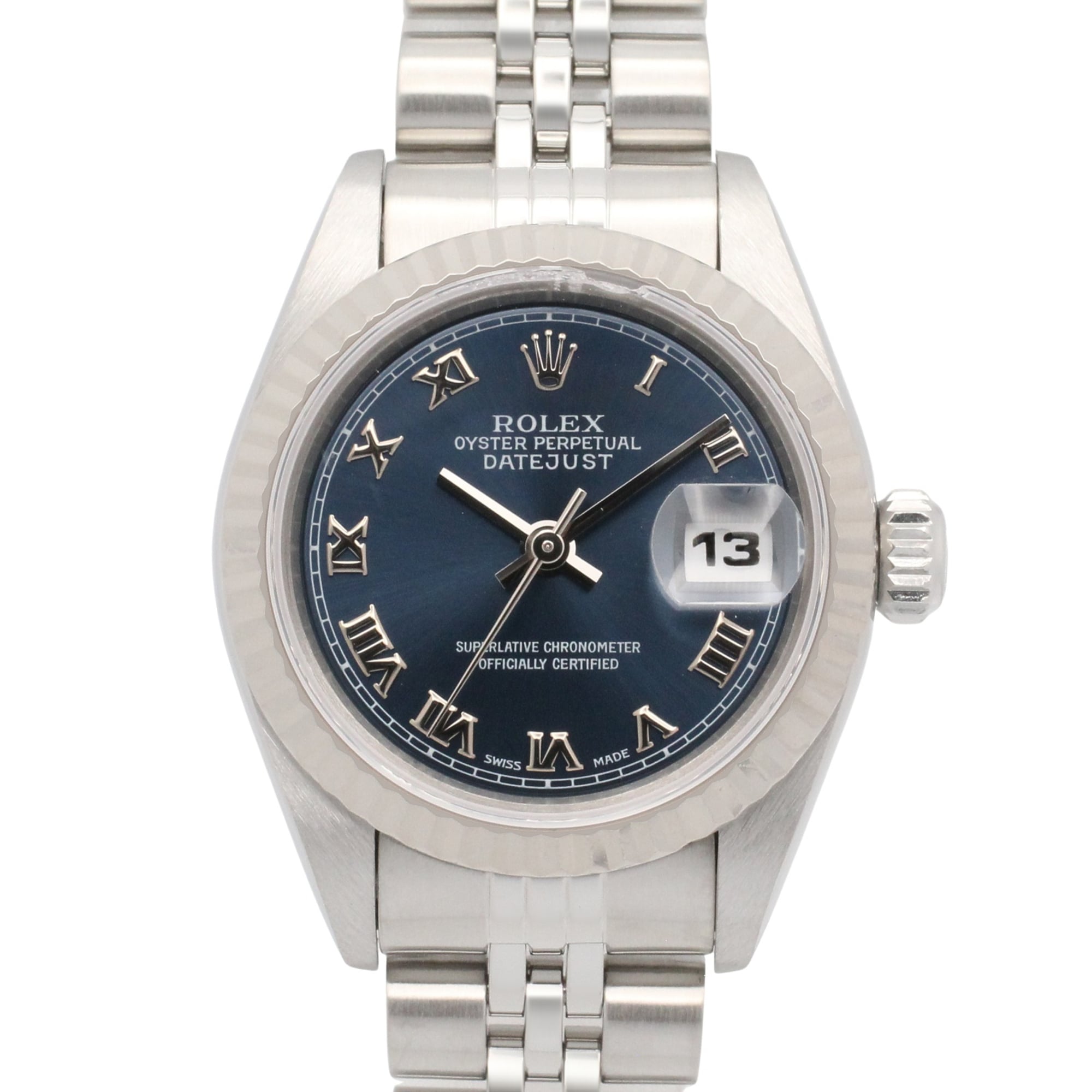 Rolex Datejust T-series watch, 18K white gold (WG) stainless steel, ladies\', blue dial, Roman numerals, 69174