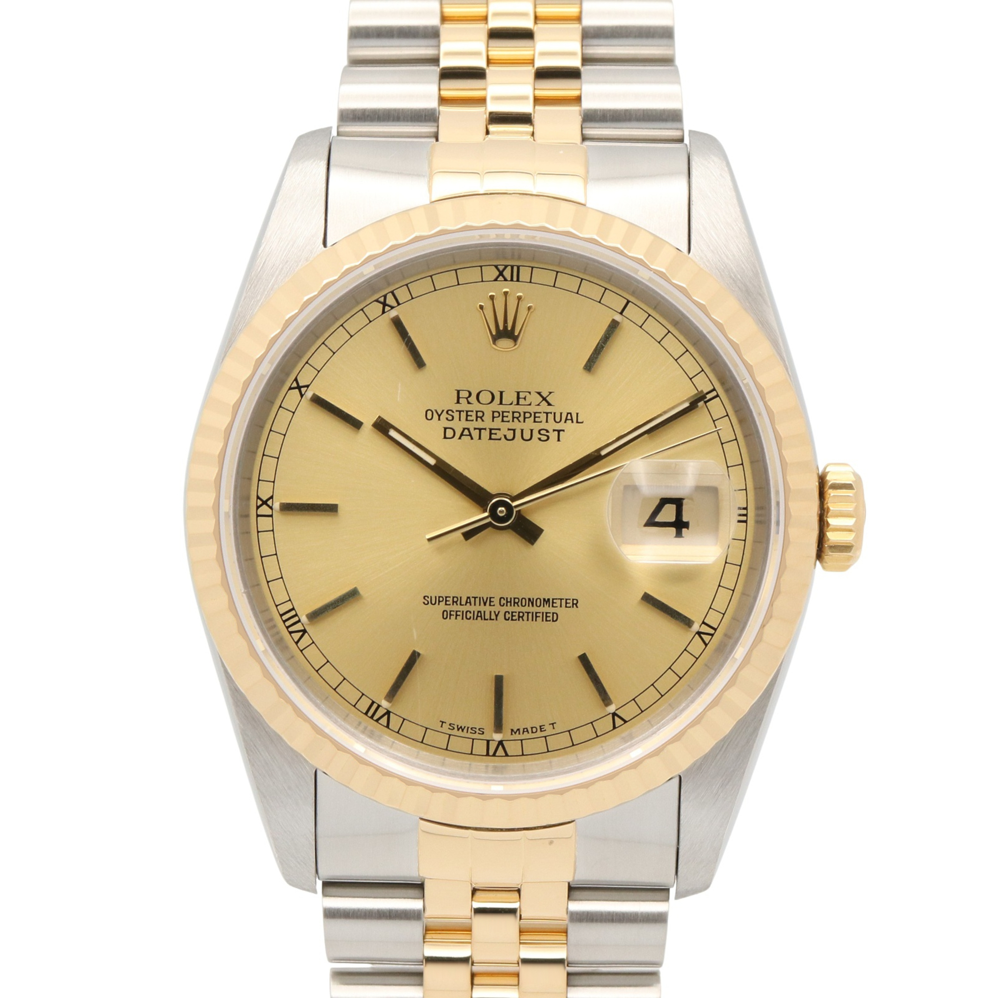 Rolex Datejust L-series wristwatch, 18K (yellow gold) stainless steel, men\'s, gold-tone, champagne bar color, 16233