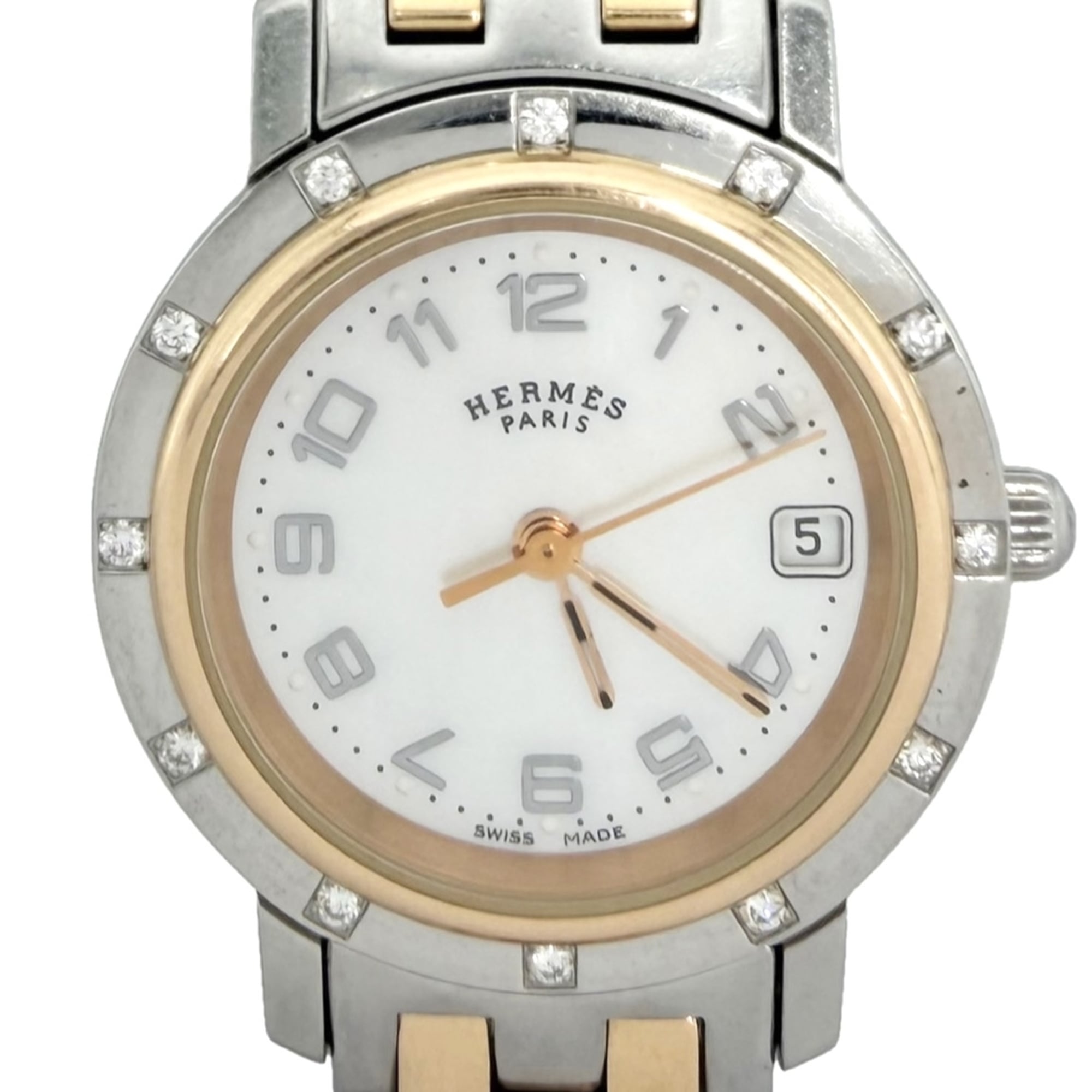 Hermes Women\'s Clipper Nacre Watch, H-motif, Date, Two-tone, Stainless Steel, Battery-operated, White Mother-of-Pearl Dial, HERMES CL4.222, Quartz, GP, 12 Diamonds, Silver & Gold