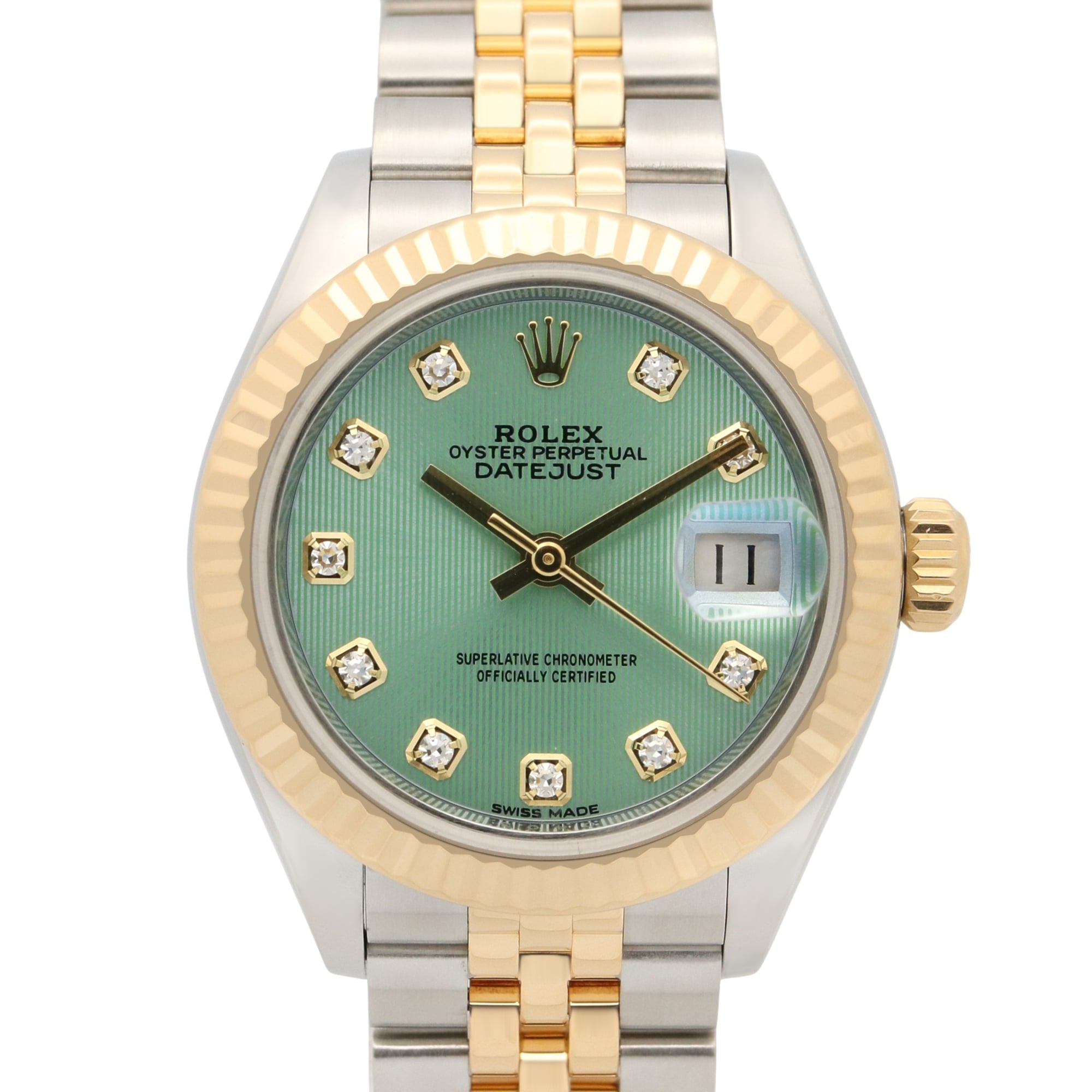 Rolex Datejust 10P Diamond Random Serial Number Watch 18K (Yellow Gold) Stainless Steel Ladies Green Mint Tapestry New 279173G
