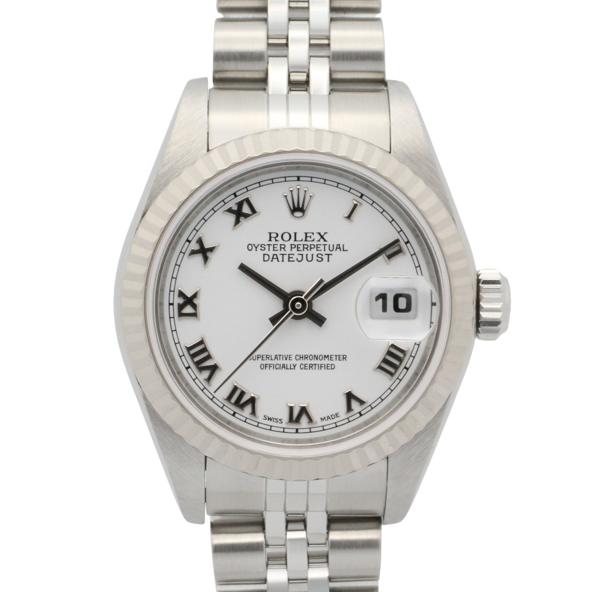 Rolex Datejust F-serial watch, 18K white gold (WG) stainless steel, ladies\', dial, Roman numerals, 79174