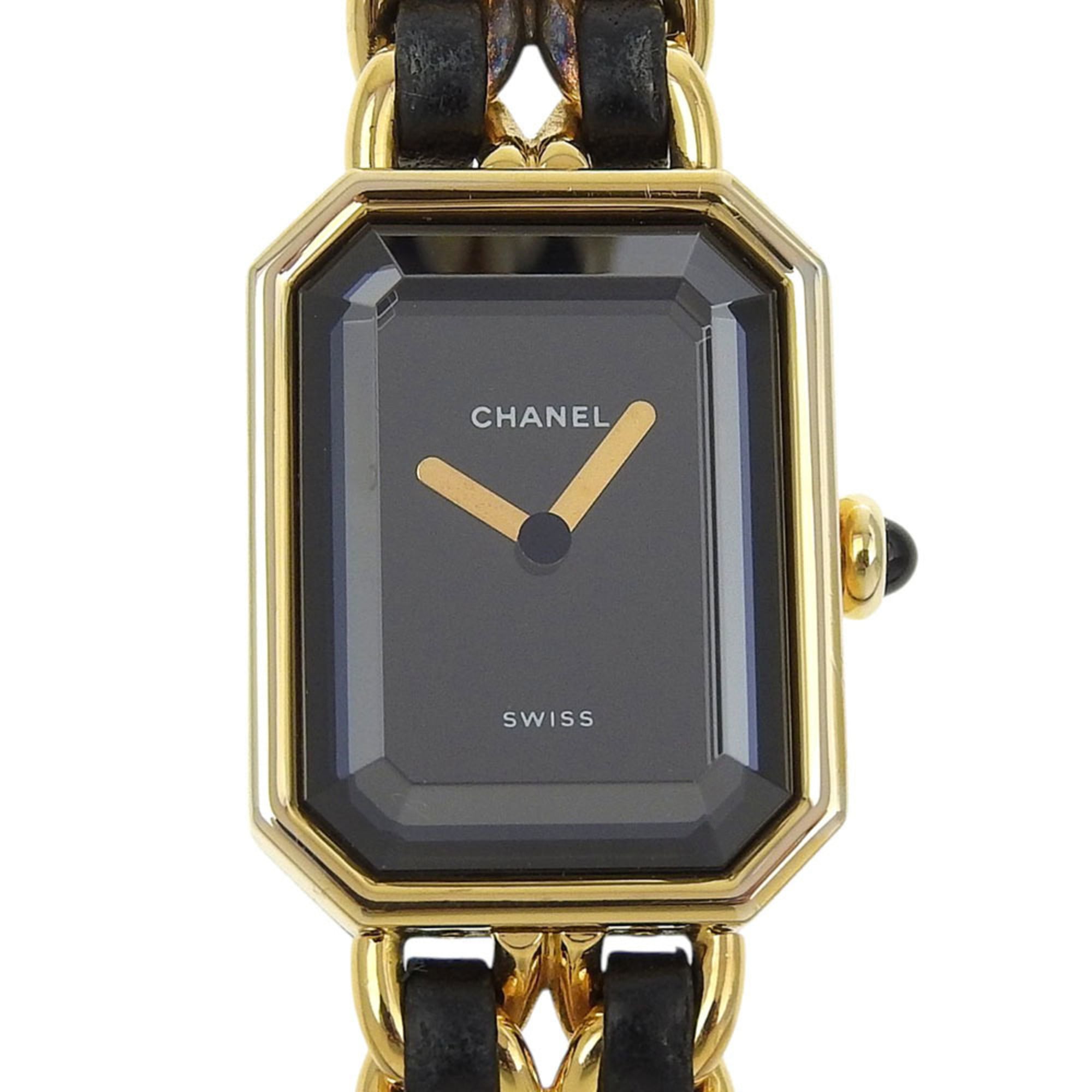 CHANEL Premiere S Watch H0001, Gold-Plated Leather Quartz Movement, Analog Display, Black Dial, Women\'s