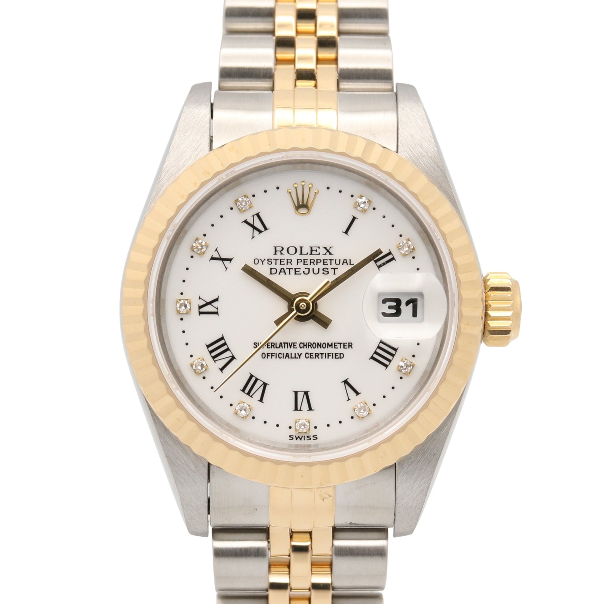 Rolex Datejust W-series watch, 18K (yellow gold), stainless steel, ladies\', white dial, Roman numerals, 69173