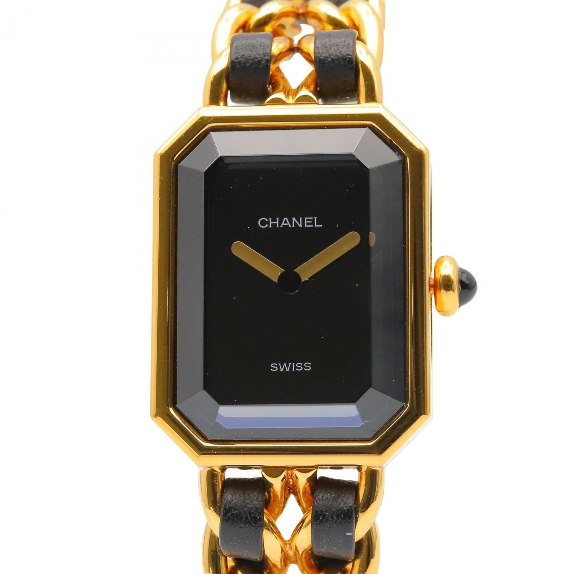 CHANEL Premiere M Watch, Gold-Plated, with Leather Strap, Black, Women\'s, H0001