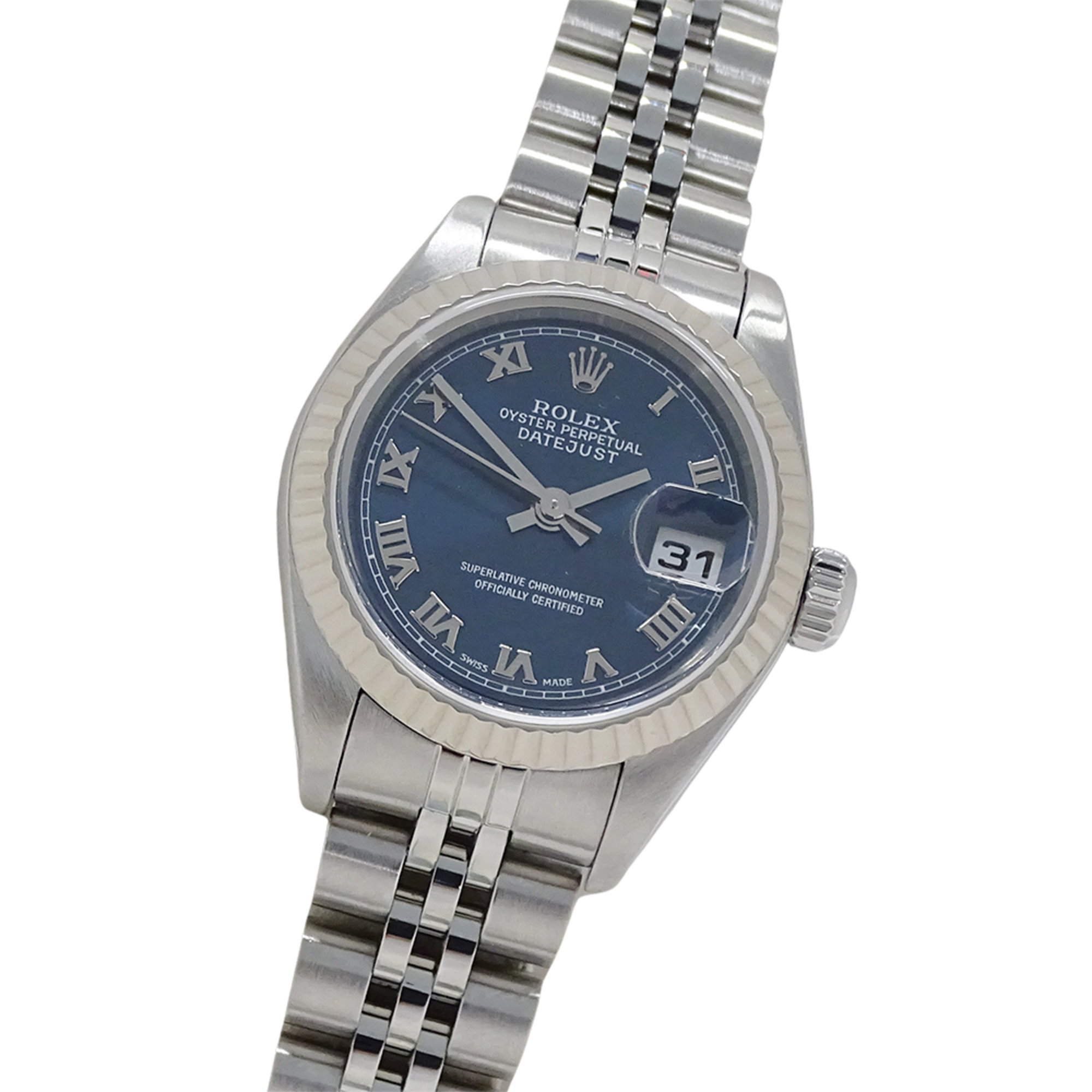 Rolex Datejust 79174 K-serial women\'s watch, brand name, automatic winding, stainless steel (SS), white gold (WG), silver, blue, Roman numerals.