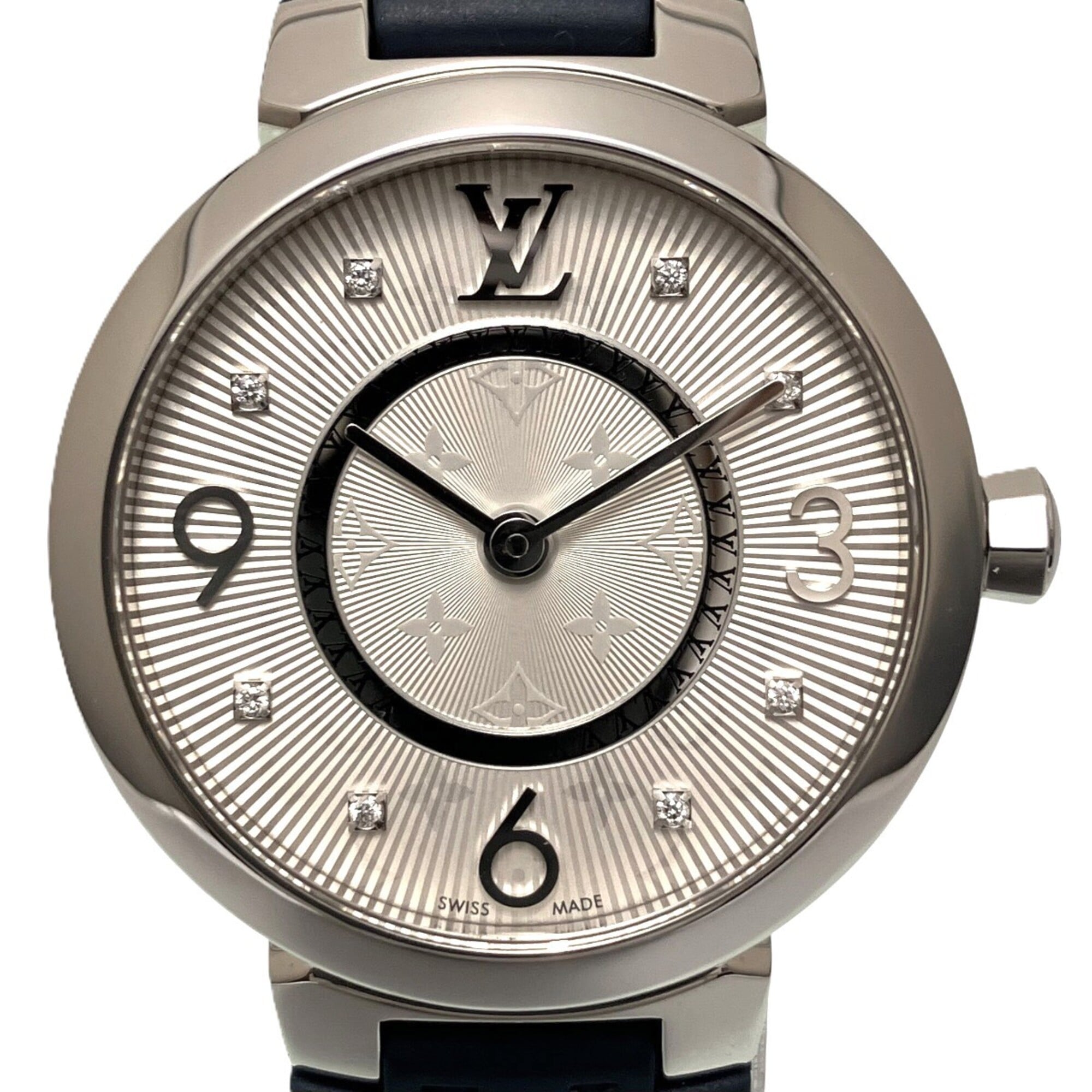 Louis Vuitton Tambour watch, total weight 35g, stainless steel, rubber strap, quartz movement, silver dial, Q12MG