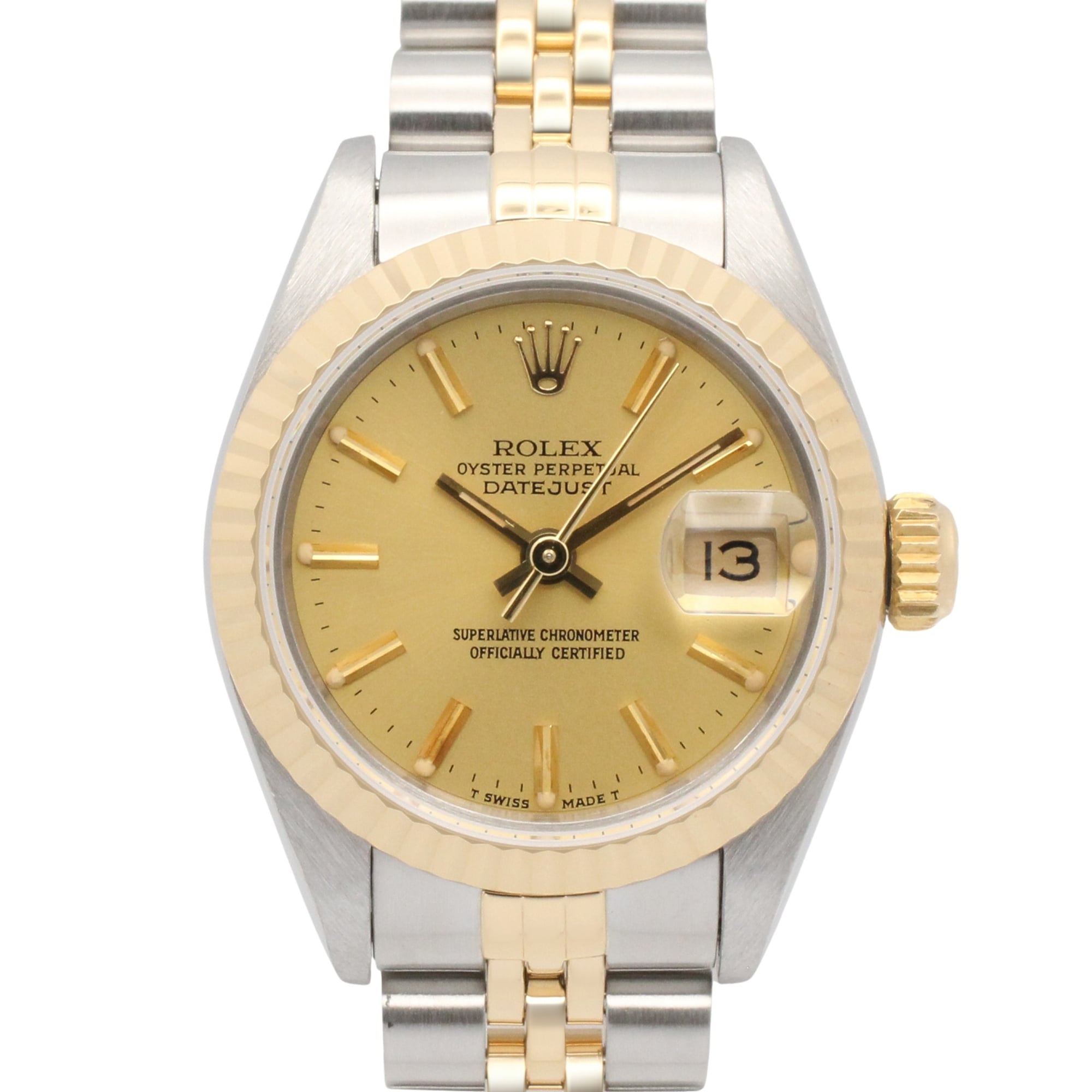 Rolex Datejust S-series wristwatch, 18K (yellow gold) stainless steel, ladies\', gold-tone champagne bar color, 69173