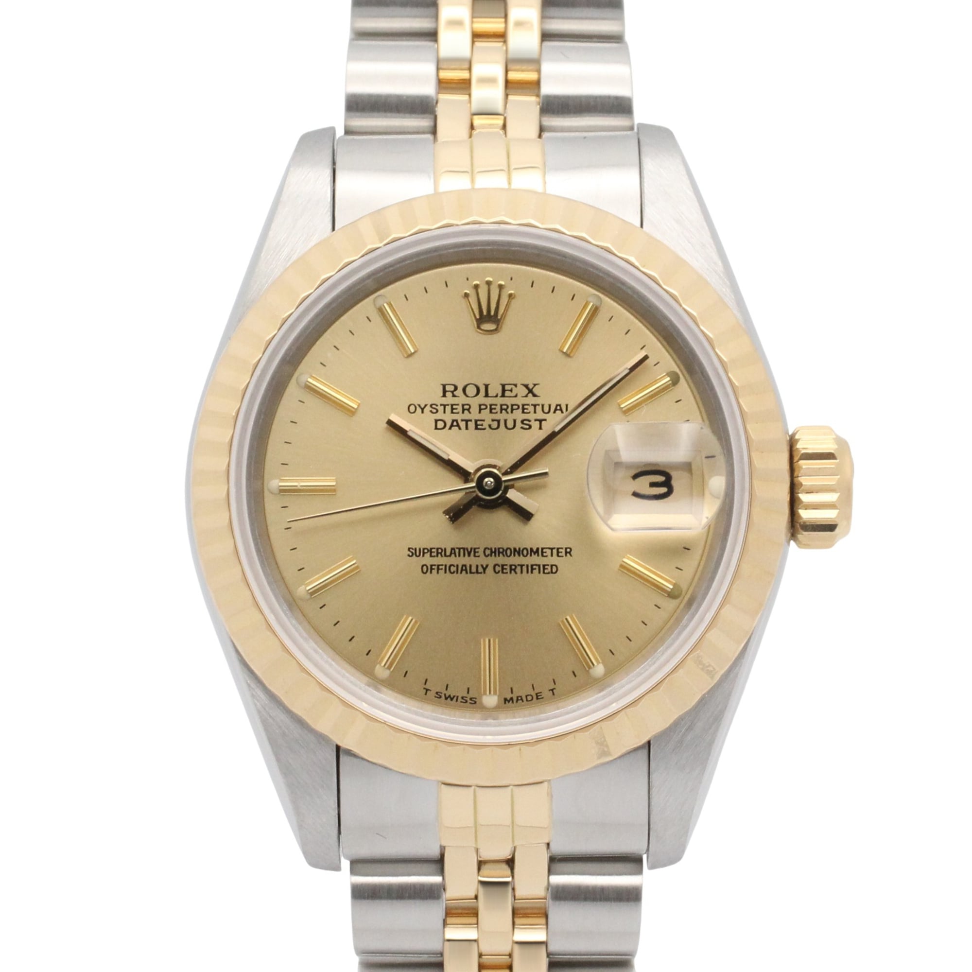 Rolex Datejust R-series watch, 18K (yellow gold) stainless steel, ladies\', gold-tone champagne bar color, 69173.
