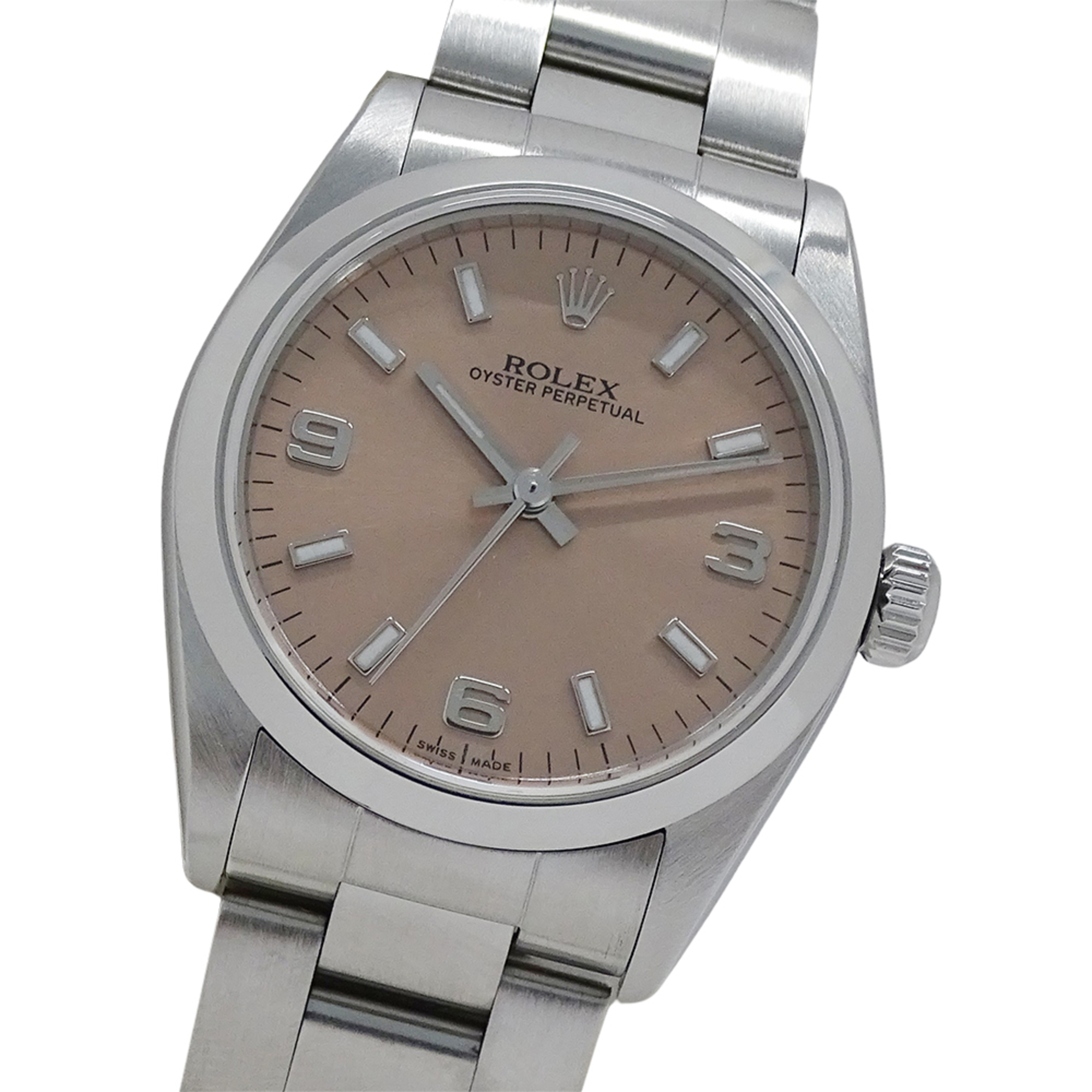 Rolex Oyster Perpetual 77080 A-series watch, boys\' size, brand name, automatic winding, stainless steel (SS), silver, pink.