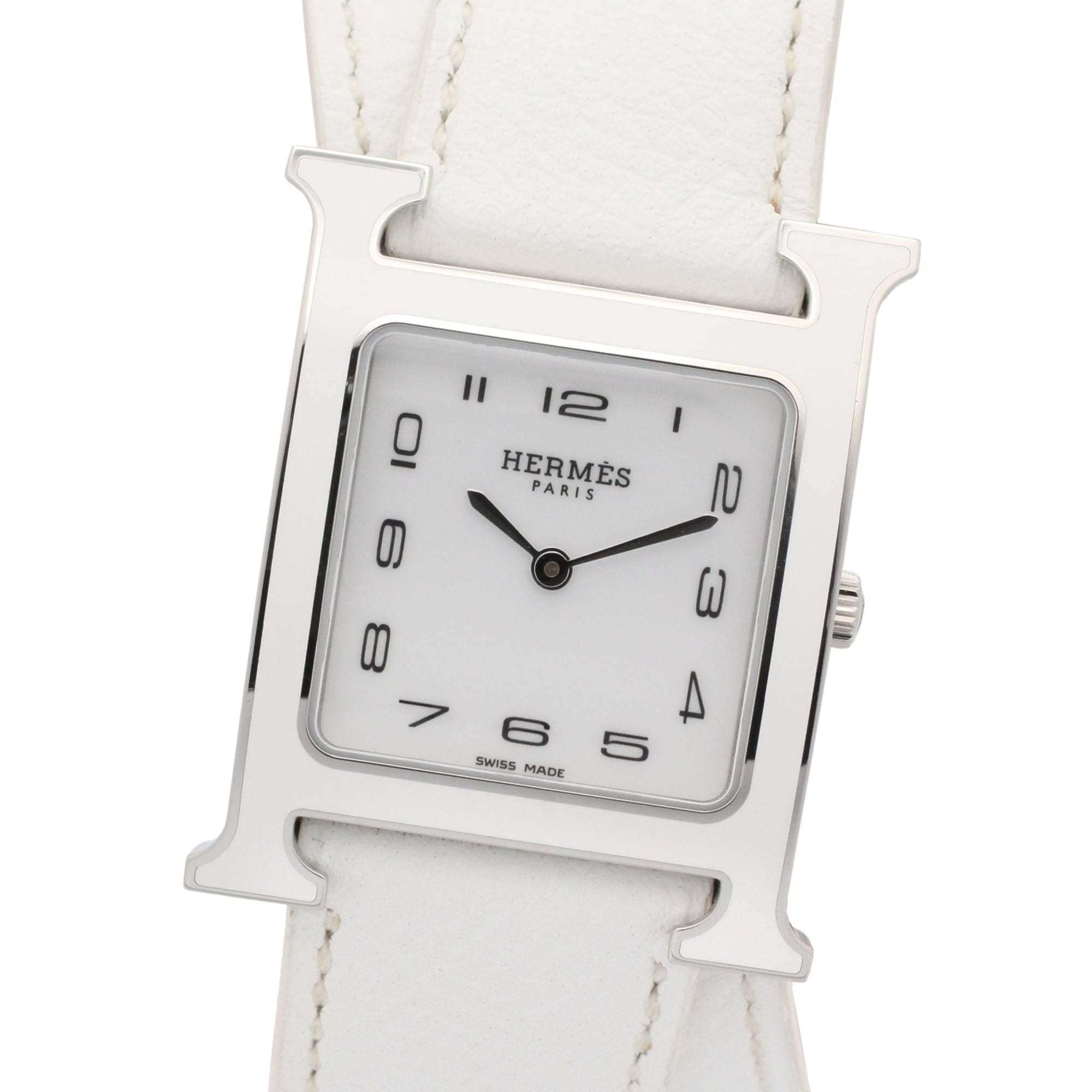 Hermes H-Watch Double Tour Wristwatch, Stainless Steel, Leather Strap, Women\'s, White (HH1.520)