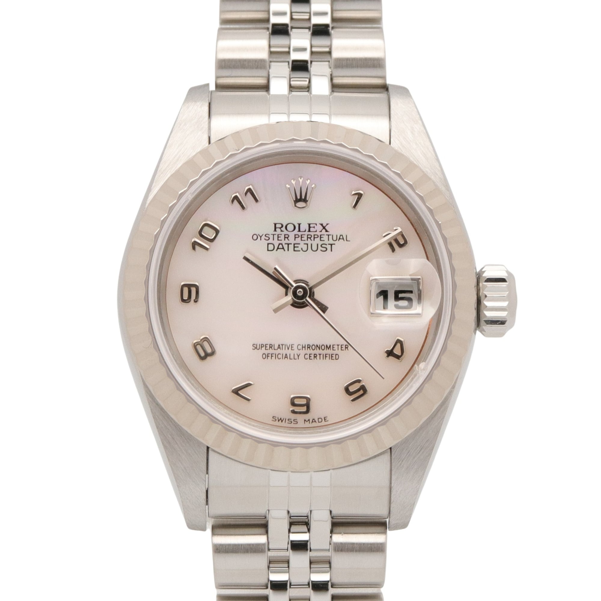 Rolex Datejust Y-serial watch, 18K white gold (WG) stainless steel, ladies\', pinkish pink mother-of-pearl dial, Arabic numerals, 79174NR