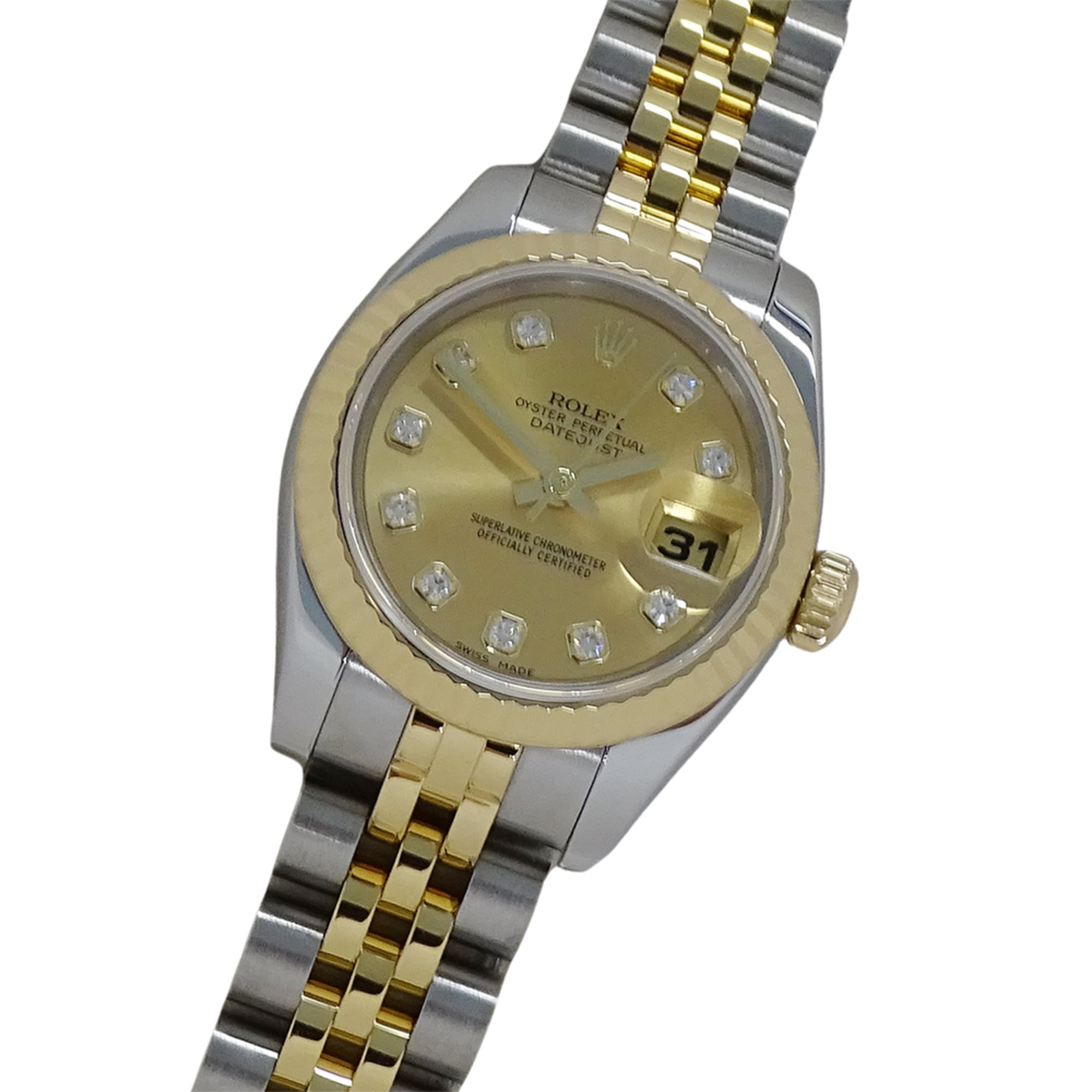 Rolex Datejust 179173G (D-serial number) Women\'s Watch, Brand Name, 10 Diamonds, Automatic Movement, Stainless Steel (SS) and Gold (YG) Combination.