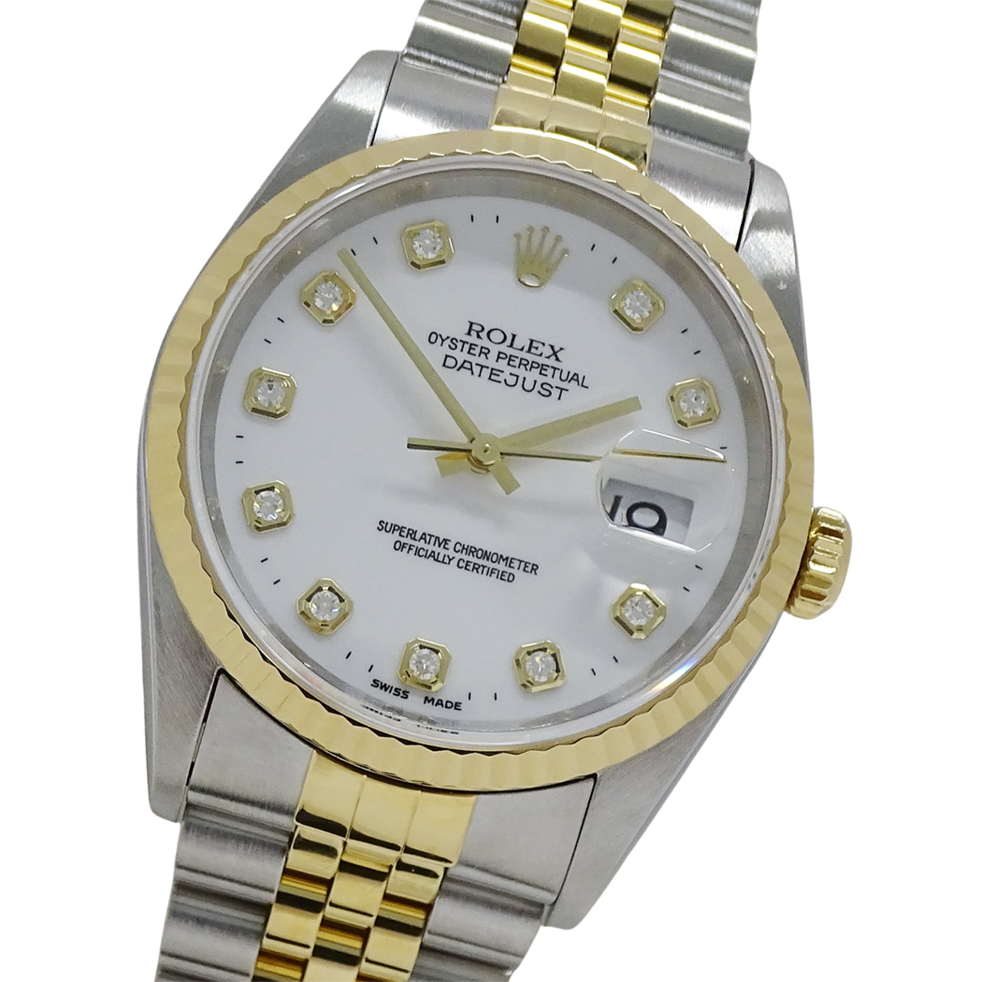 Rolex Datejust 16233G W-serial Men\'s Watch, Brand Name, 10P Diamonds, Automatic Movement, Stainless Steel (SS), Gold (YG), and White Trim.