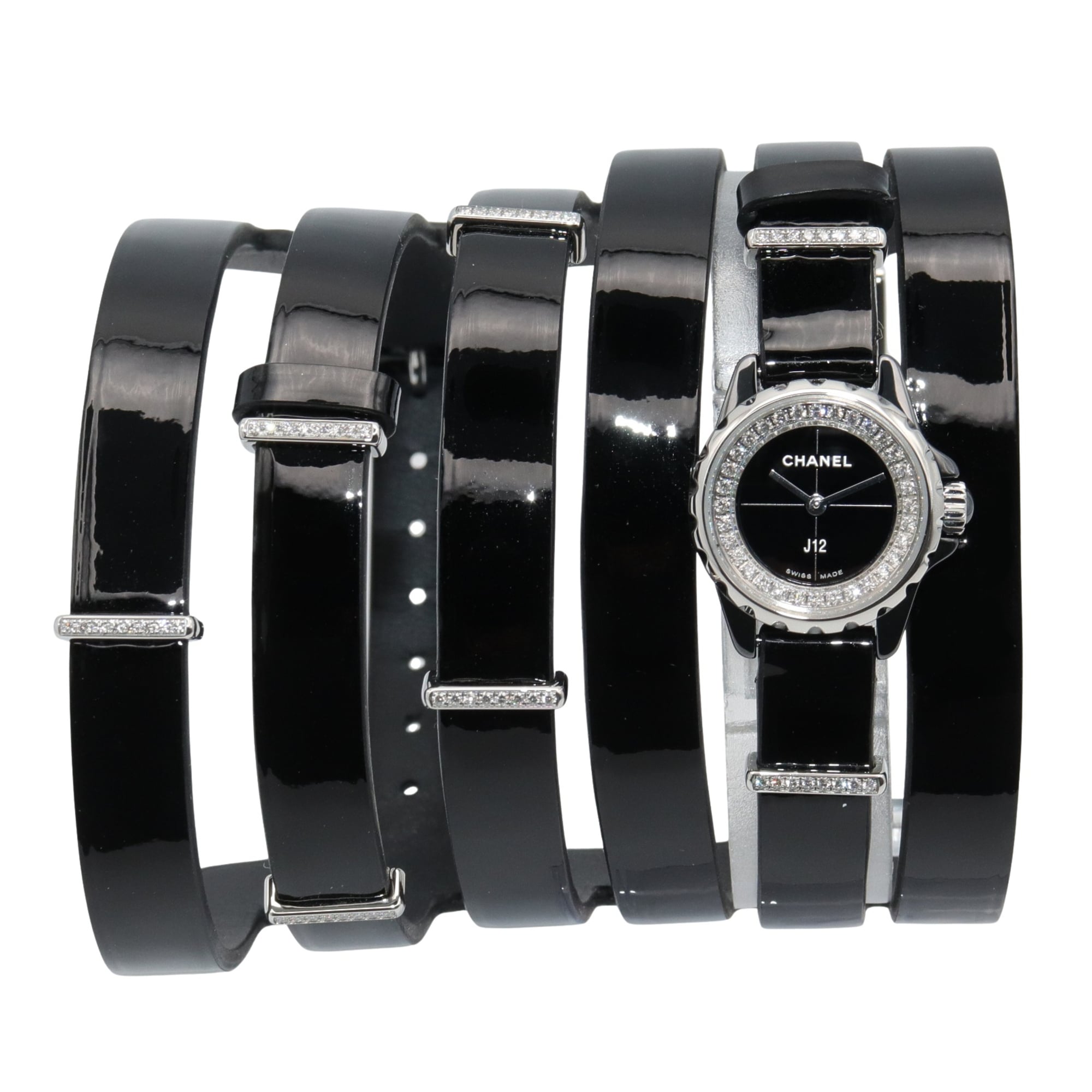 Chanel J12 XS Double Belt Diamond Bezel Watch, Stainless Steel, Ceramic, Diamond, Leather Strap, Women\'s, Black, H4665