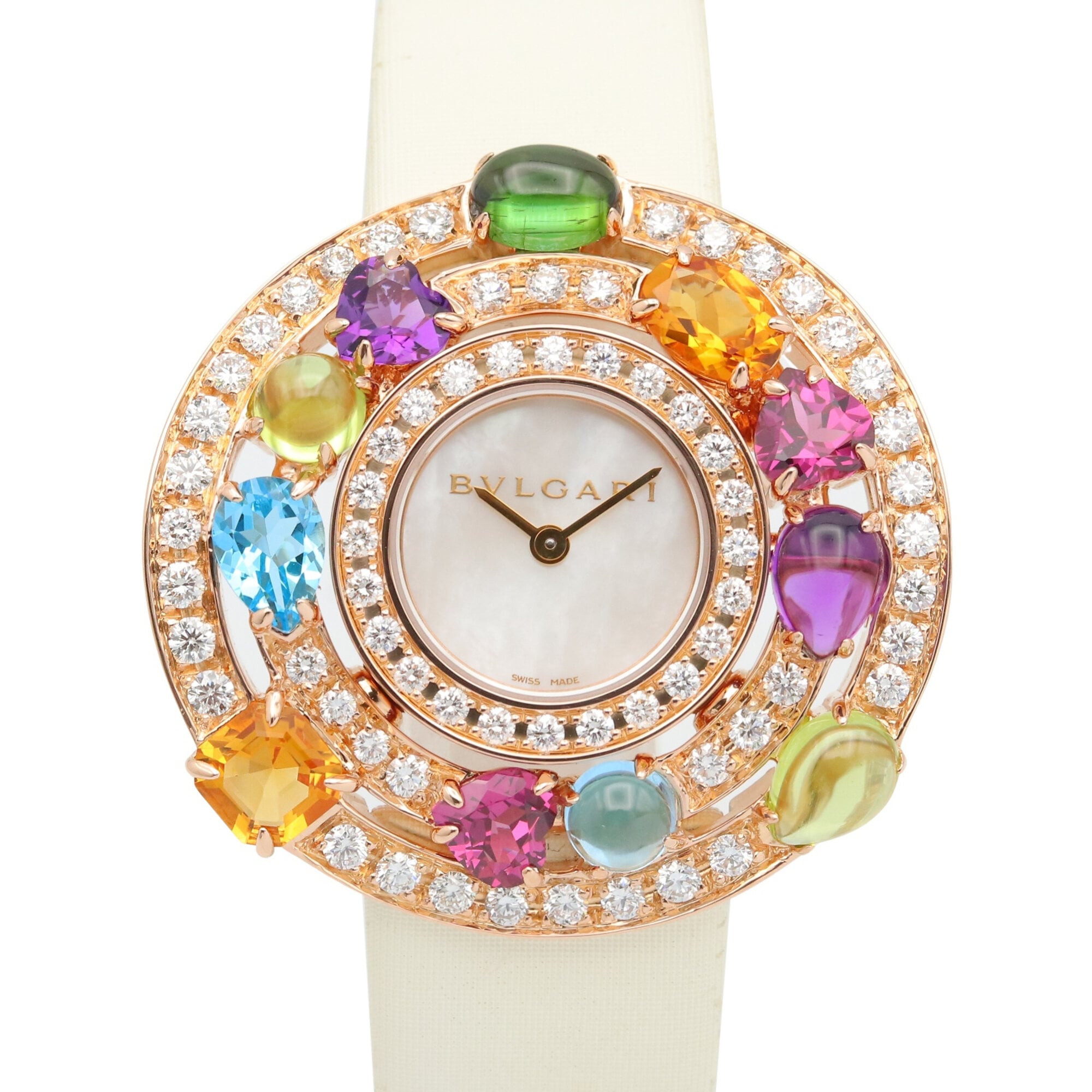 Bulgari BVLGARI Astrale Cerchi Diamond & Colored Stone Watch, 18K Pink Gold (PG), Diamond, Leather Strap, Women\'s, White, White Shell, AEP36G