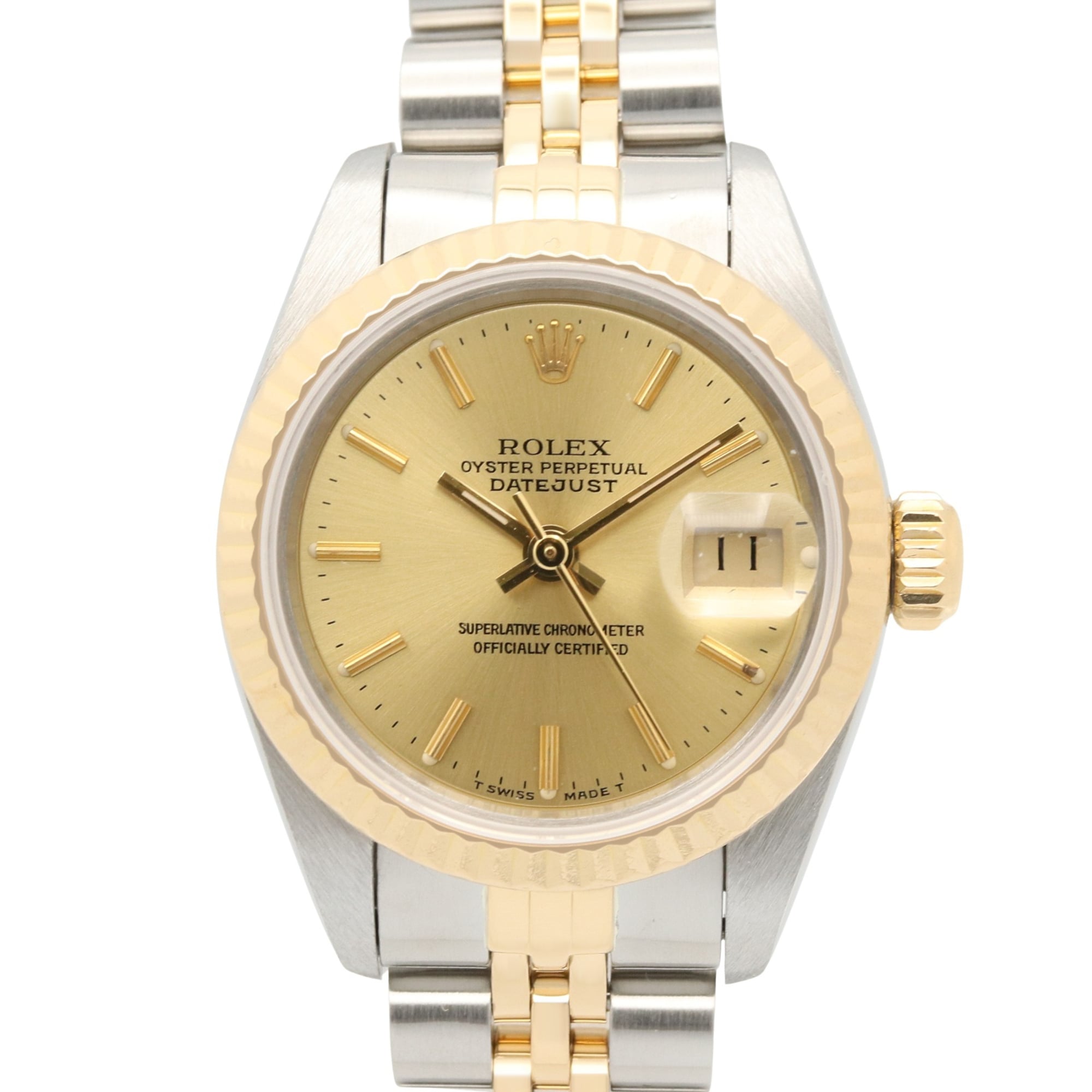 Rolex Datejust E-serial watch, 18K (yellow gold) stainless steel, ladies\', gold-tone champagne bar color, 69173.