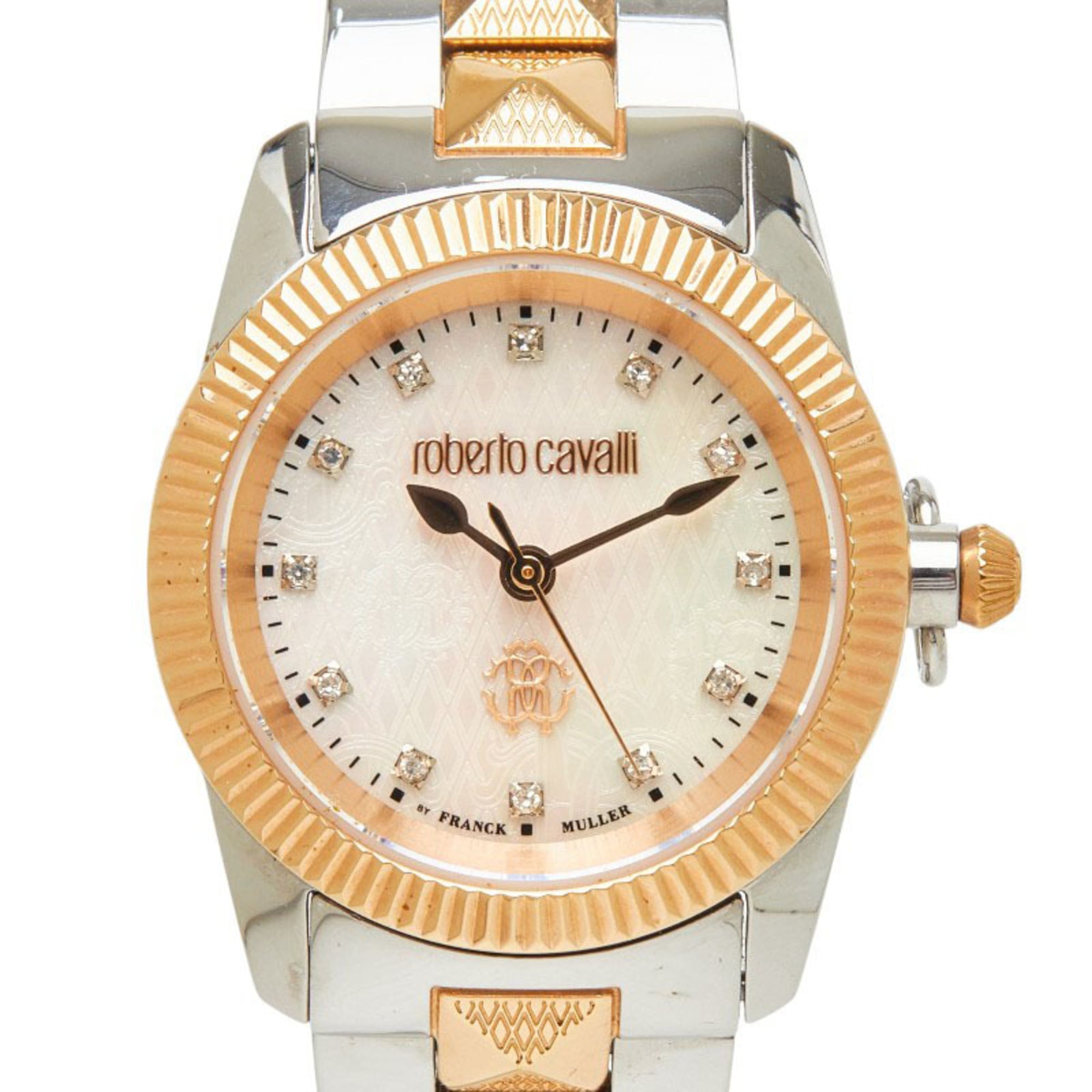 Roberto Cavalli x Franck Muller watch, mother-of-pearl dial, RV2L036M0111, quartz, white stainless steel, diamond, rose gold, sapphire crystal, ladies\' watch.