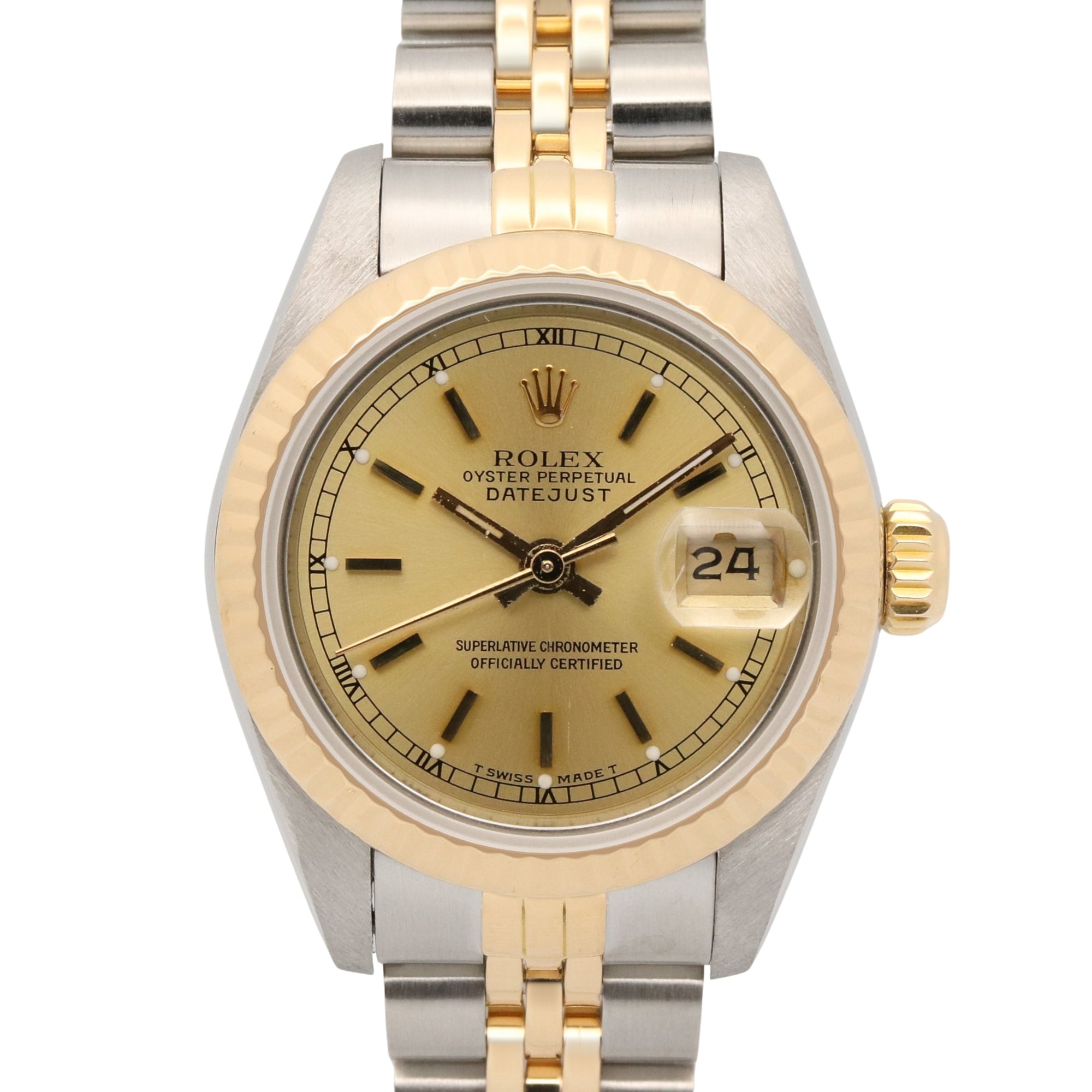 Rolex Datejust L-series watch, 18K (yellow gold) stainless steel, ladies\', gold-tone champagne bar color, 69173
