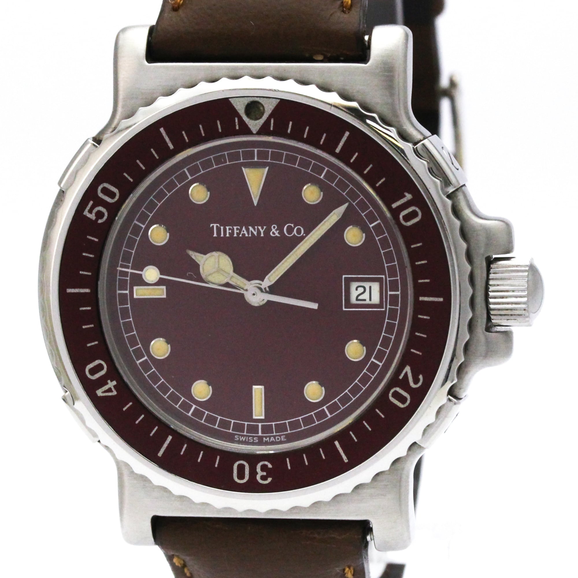 TIFFANY Diver Quartz Steel Leather Quartz Mens Watch M0710 Polished