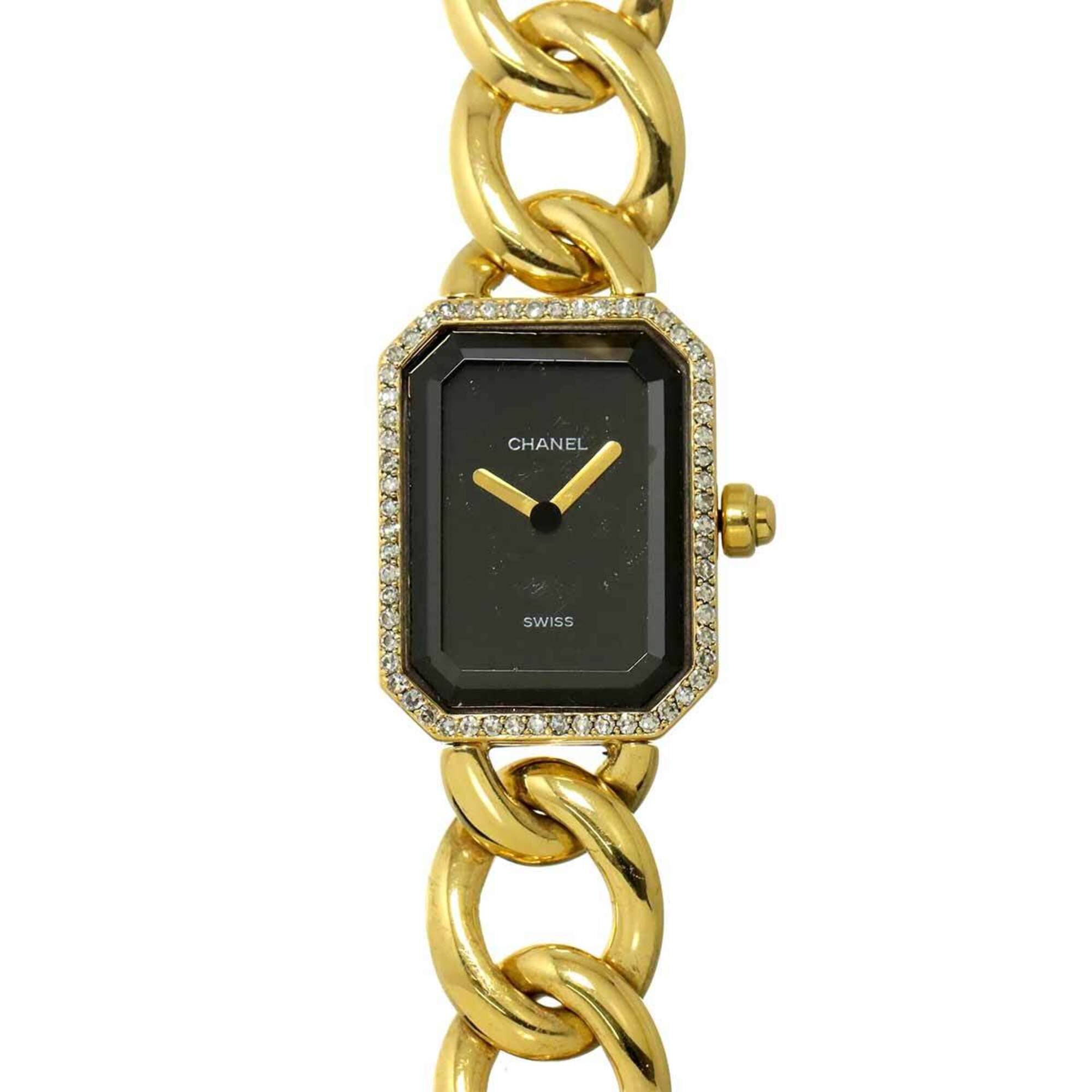 Chanel Premiere Large Size H0113 Women\'s Watch with Diamond Bezel, Buckle, Black, 18K Yellow Gold, Solid Quartz